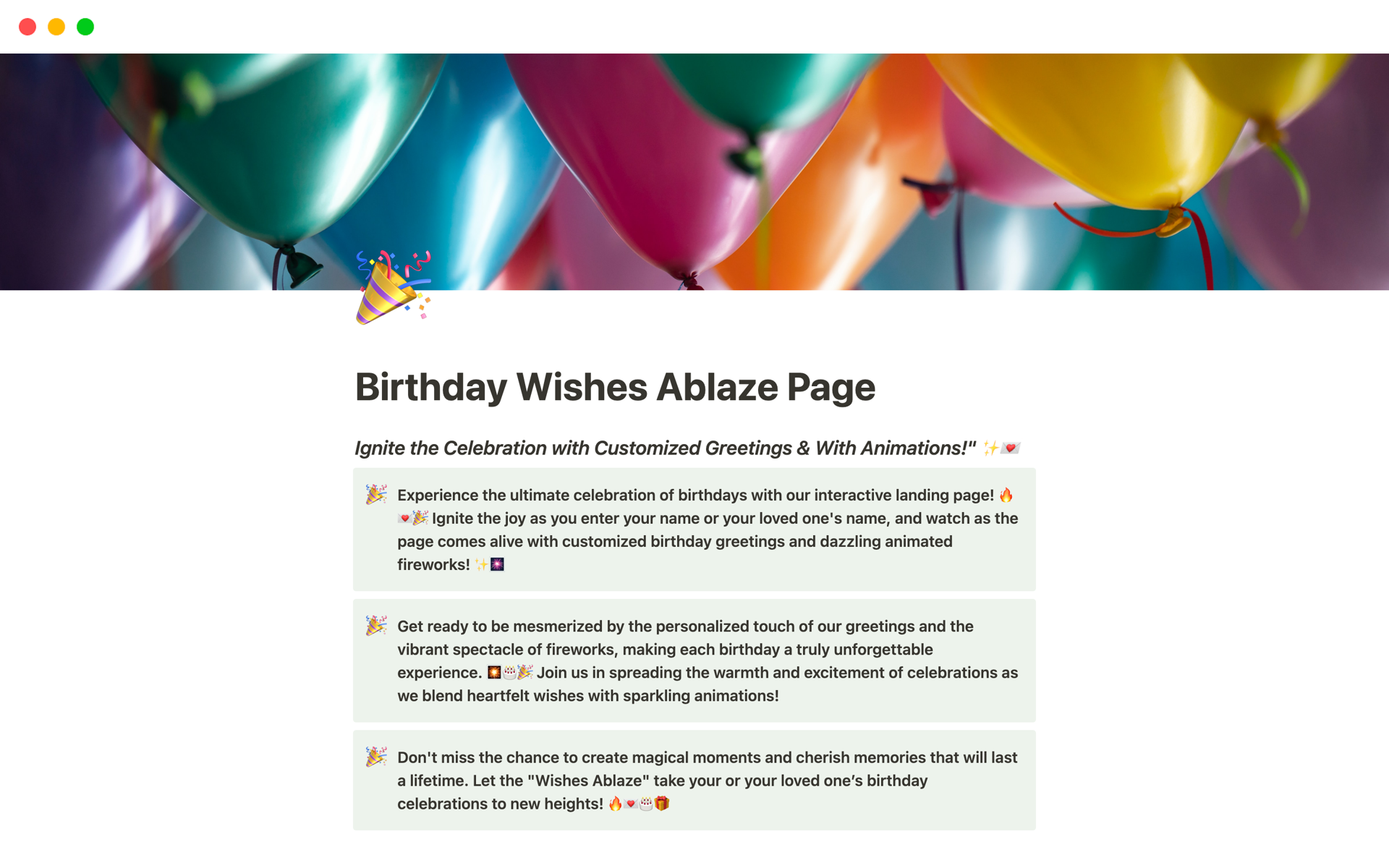 A template preview for Birthday Wishes Ablaze Page