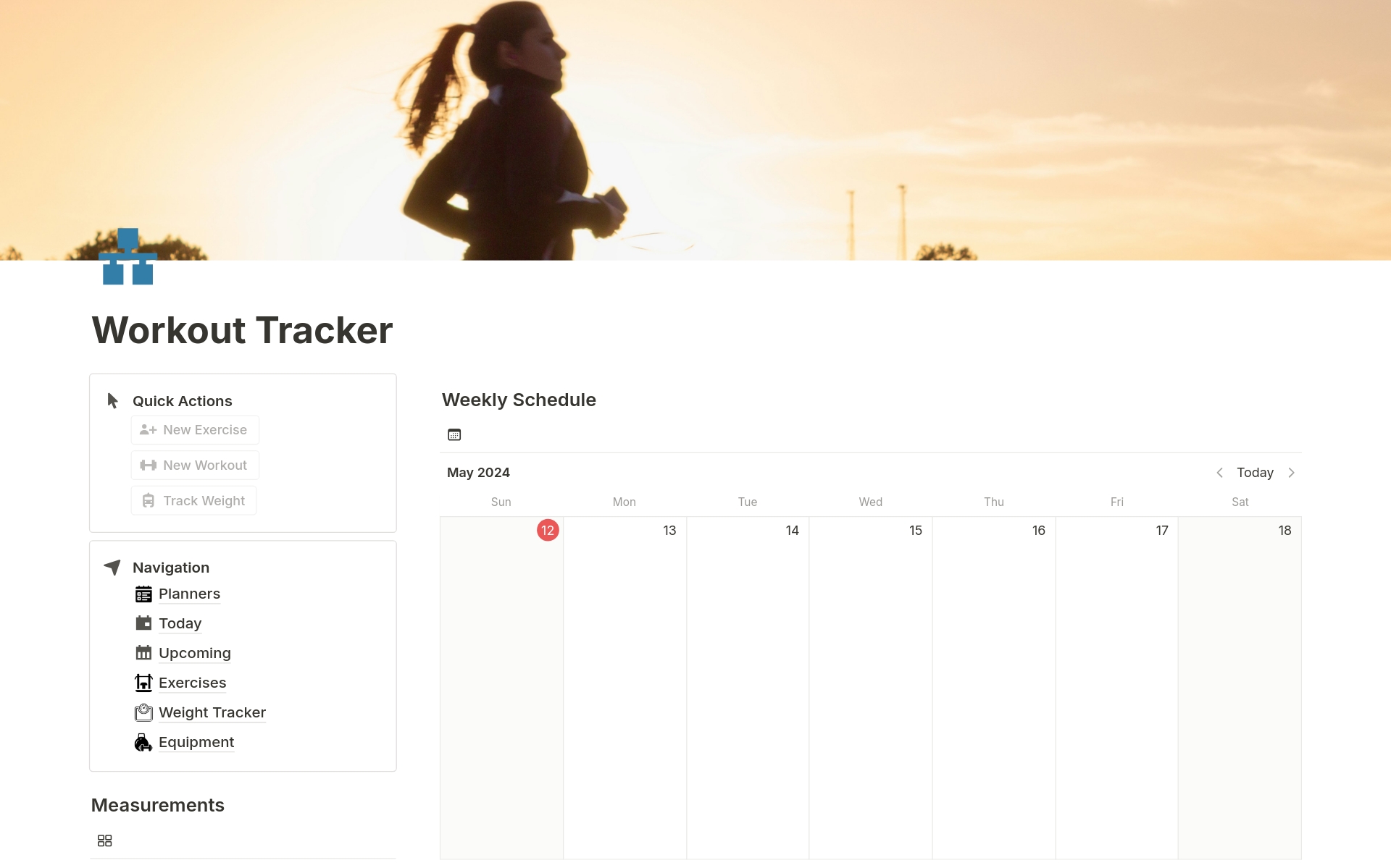 A template preview for Workout Tracking 
