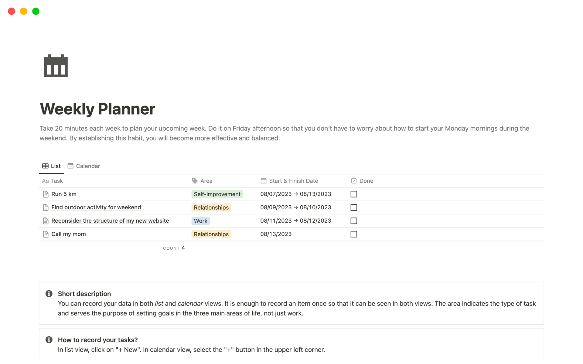 A template preview for Weekly Planner Simple
