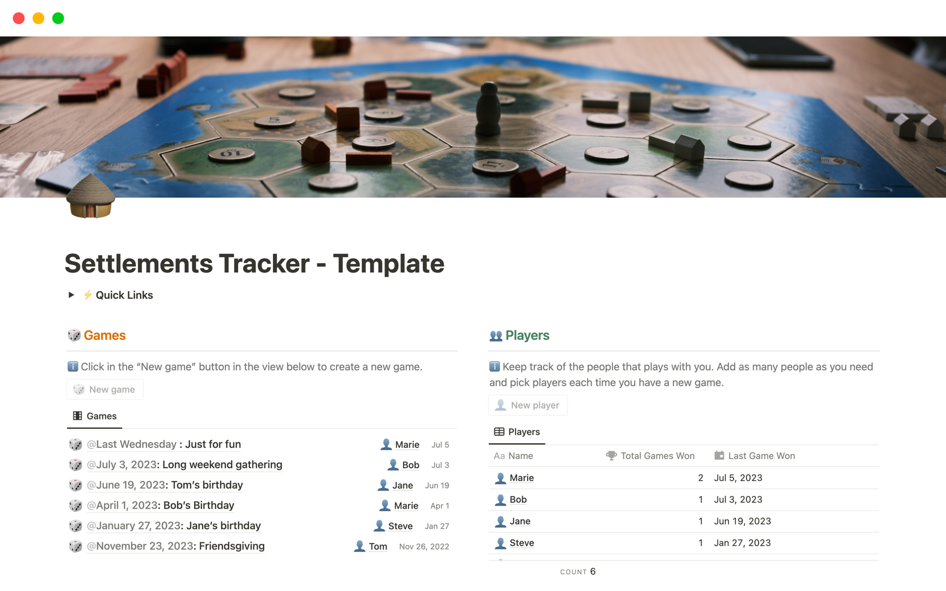 Keep track of your Catan gameplay with this Notion template designed for Catan enthusiasts like you. Keep track of your game sessions, players, and progress with ease using this mobile-friendly tool.