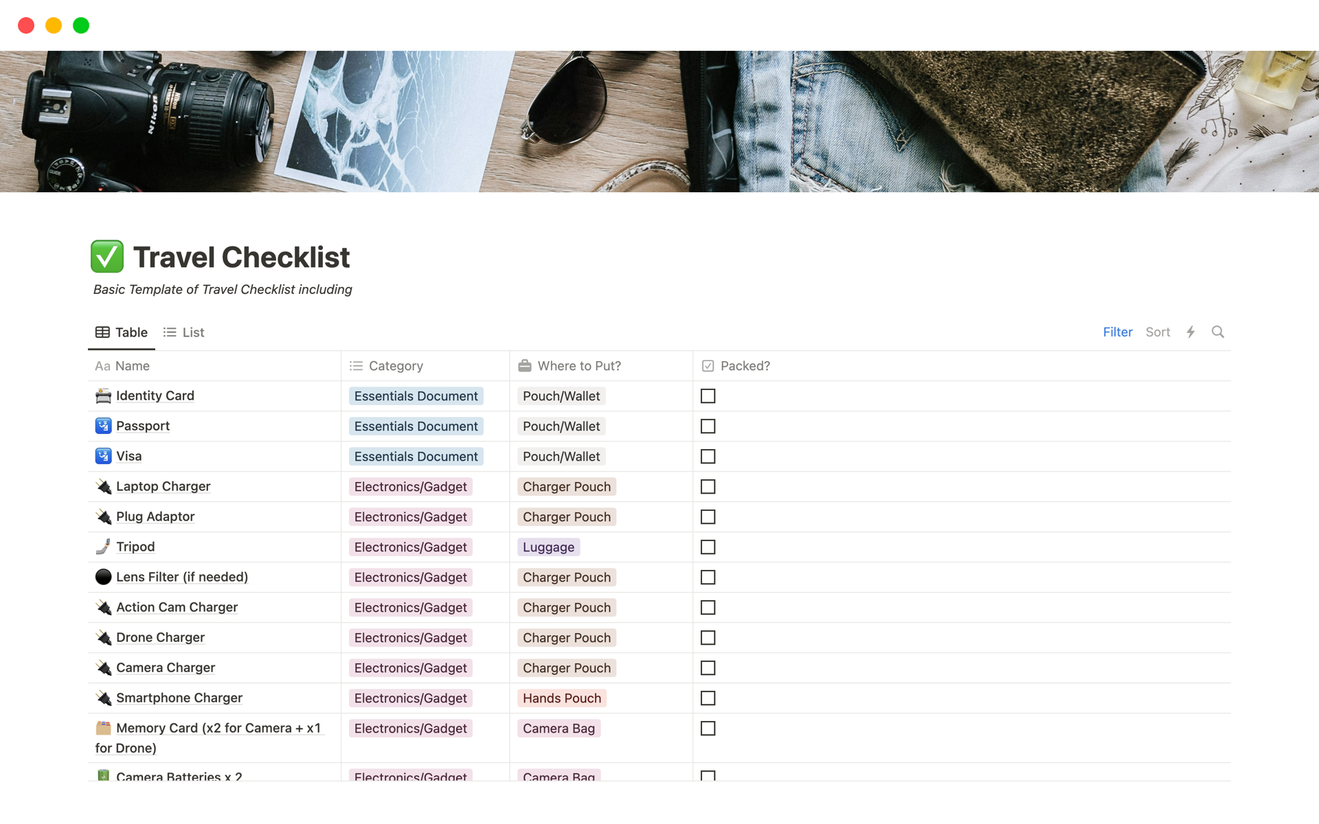 A template preview for Travel Packing Checklist
