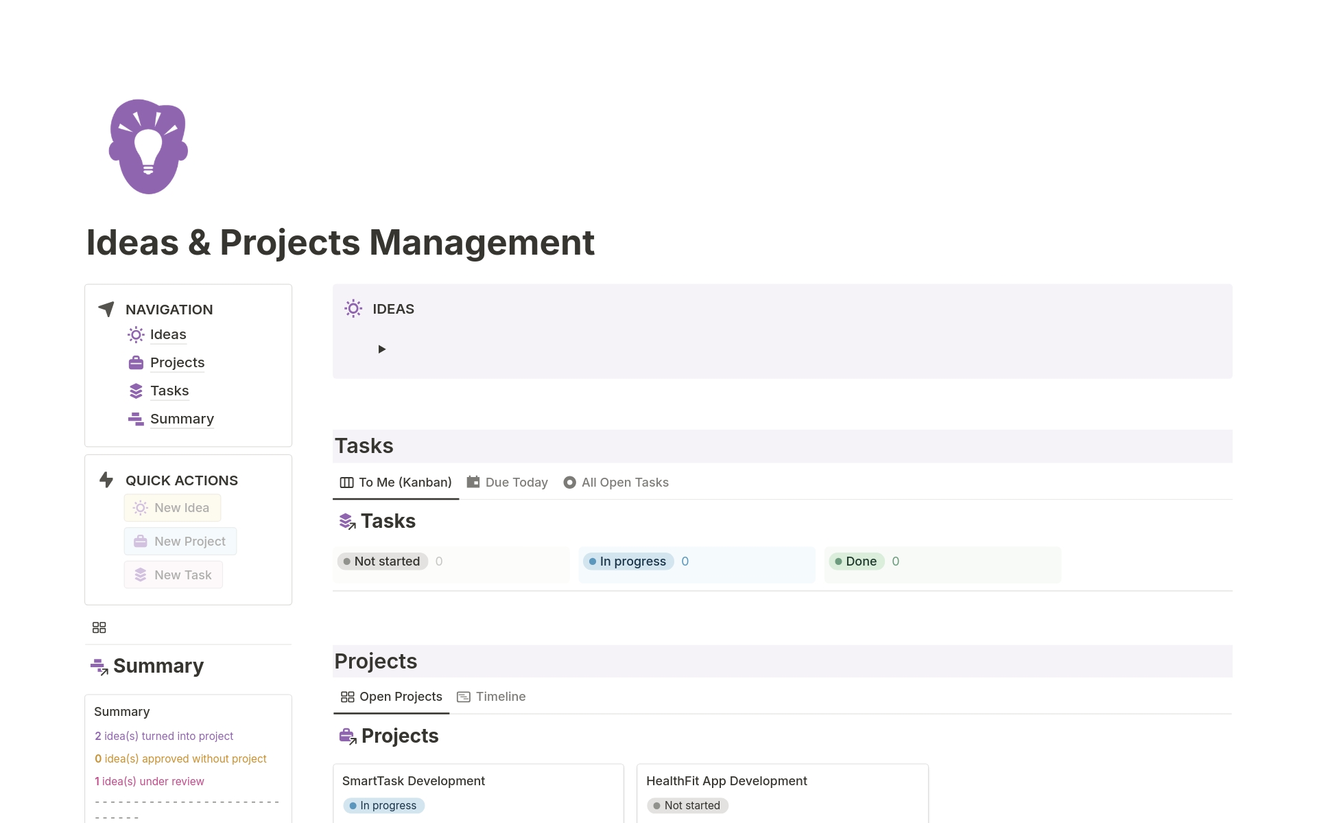 A template preview for Ideas & Projects Management