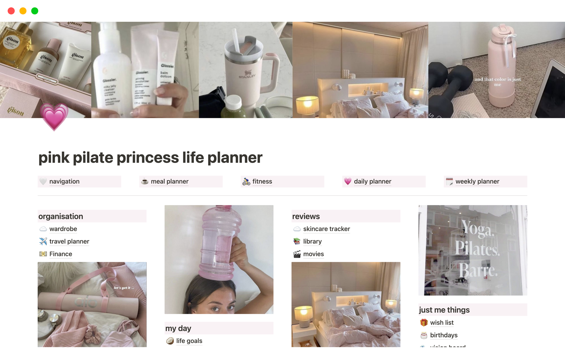 Get ready to be organised with this Pink Pilates Princess Aesthetic Notion Life Planner Template that has been carefully developed to coordinate your chores, schedules and much more.