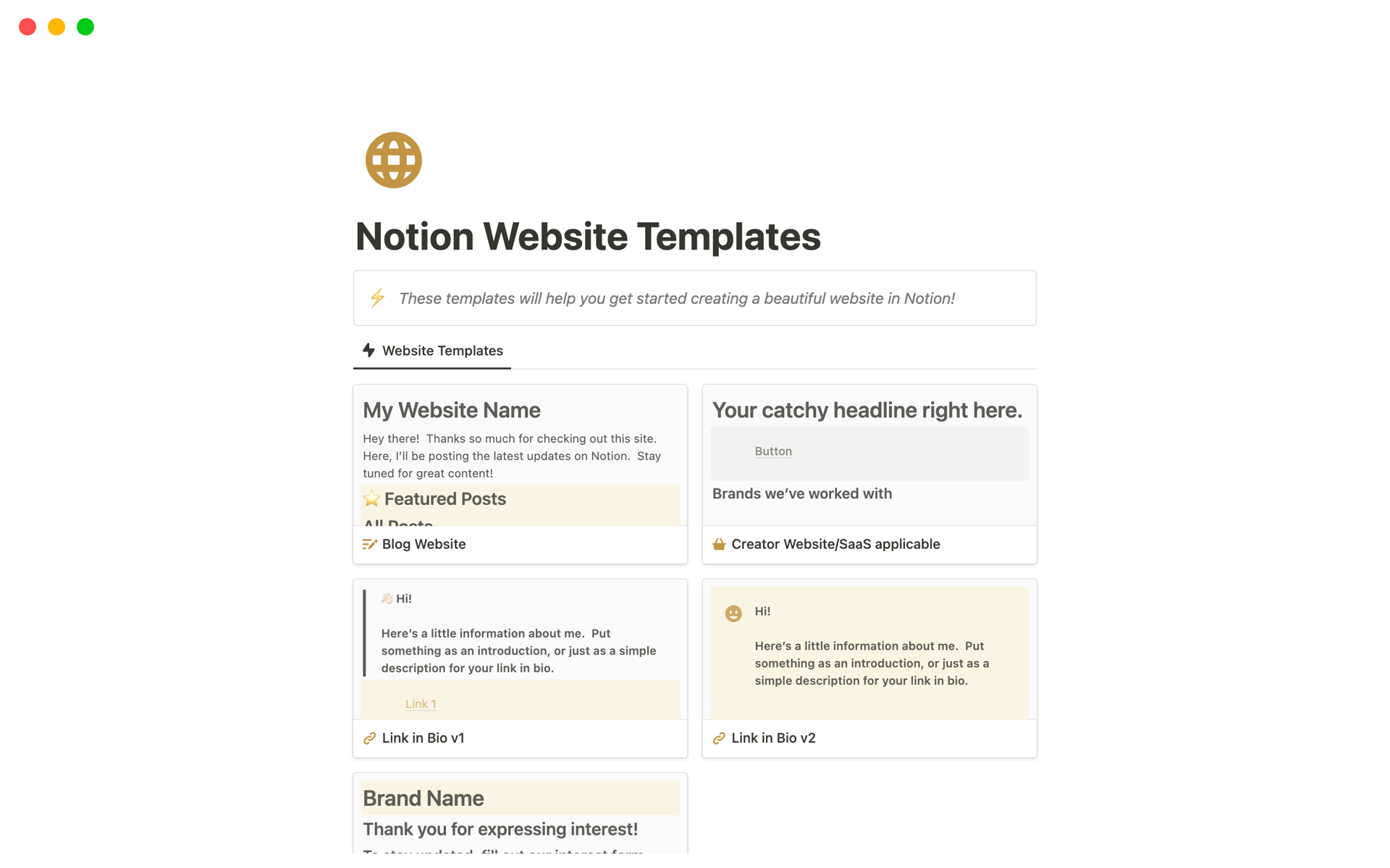 A template preview for Website Blueprints