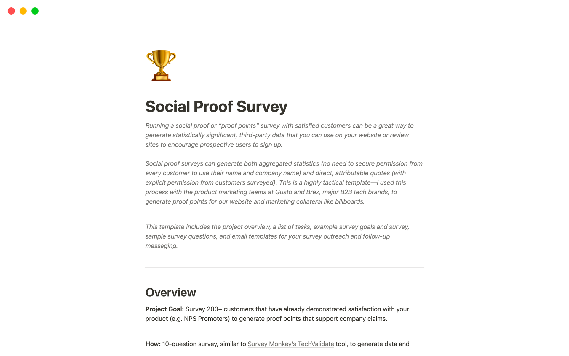 A template preview for Customer Proof Points Survey