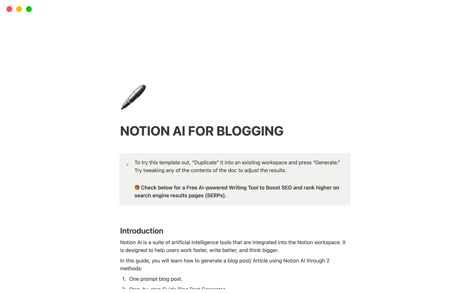 A template preview for NOTION AI FOR BLOGGING