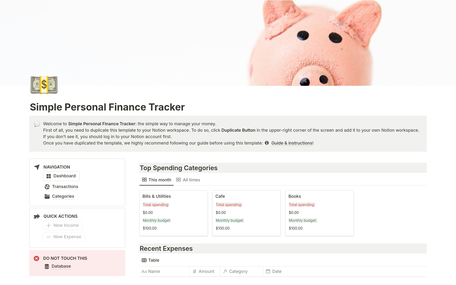 A template preview for Simple Personal Finance Tracker