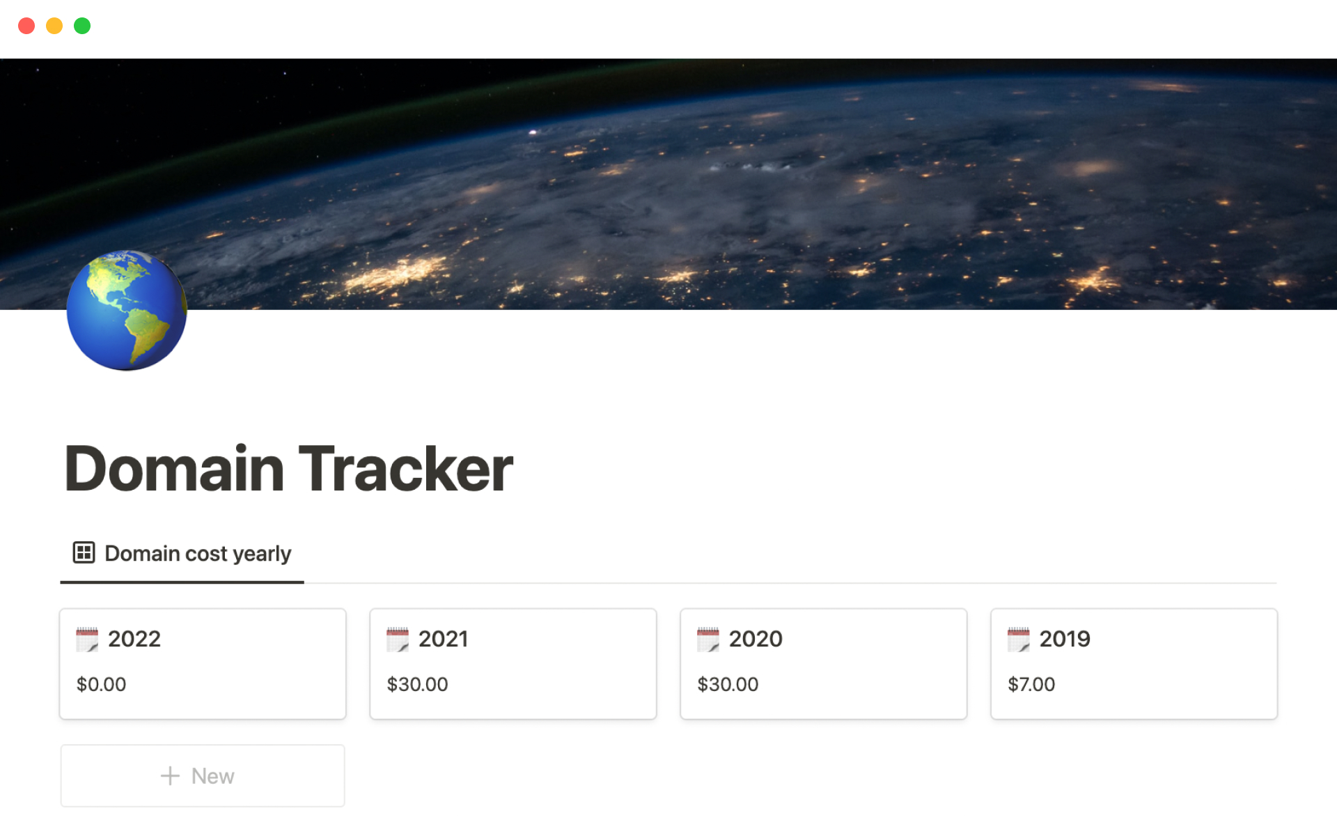 A template preview for Domain tracker