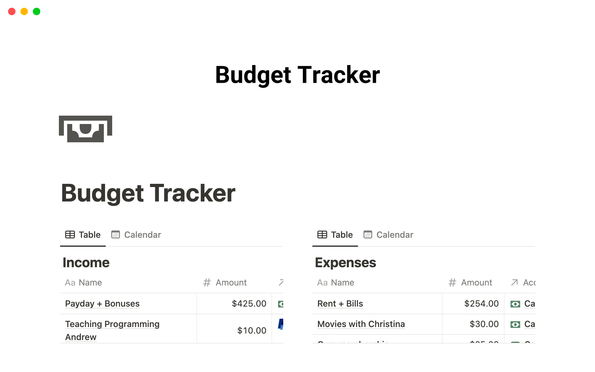 A template preview for Budget Tracker