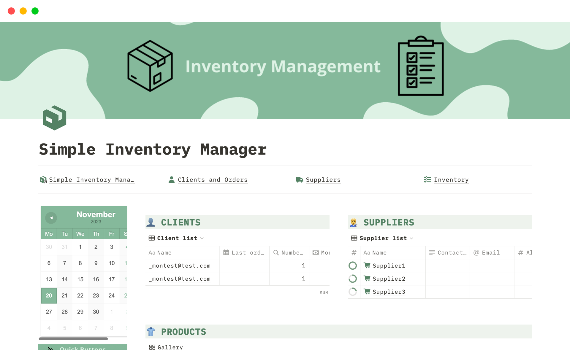 A template preview for Simple Inventory Manager