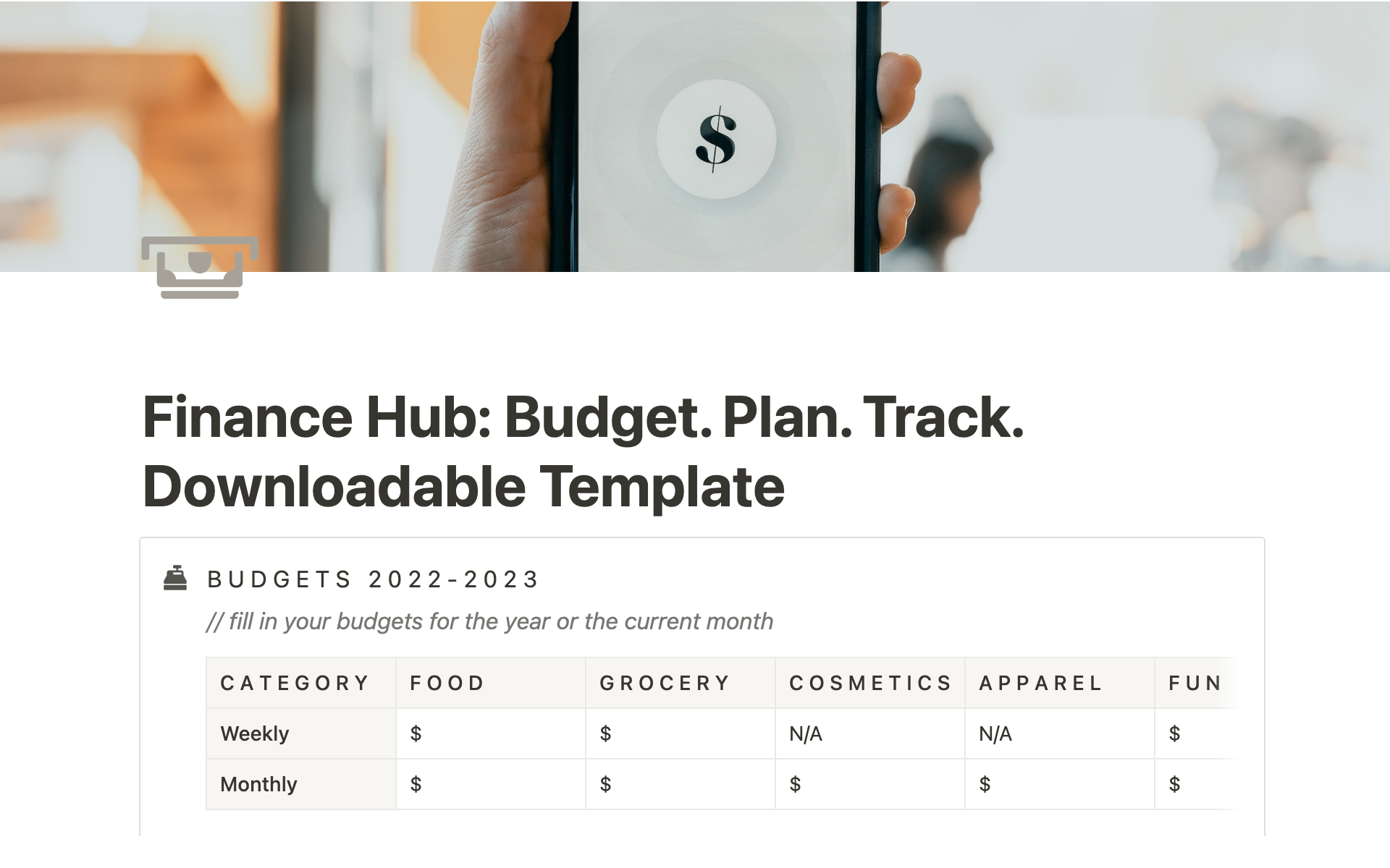 A template preview for Finance Hub: Budget. Plan. Track.