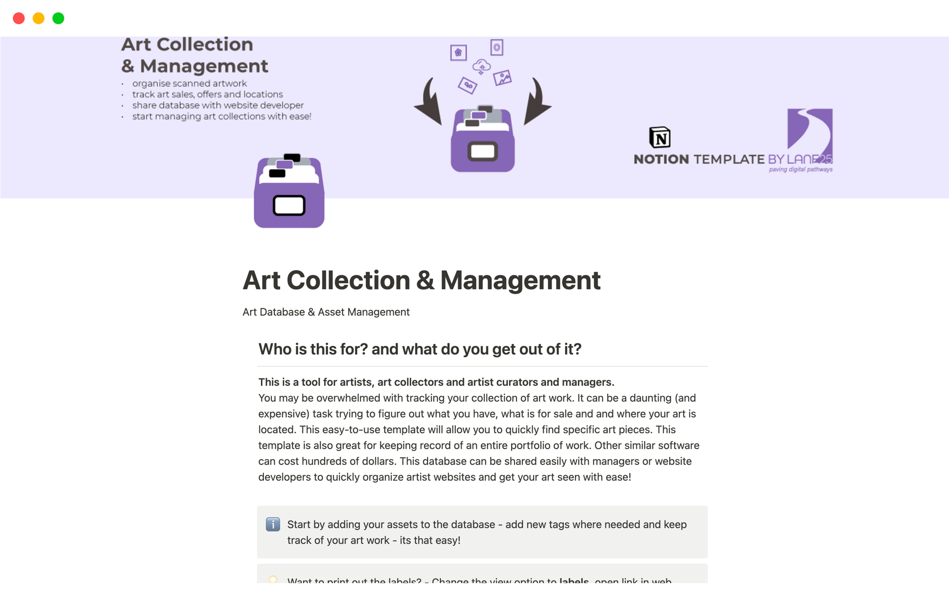 A template preview for Art Collection & Management