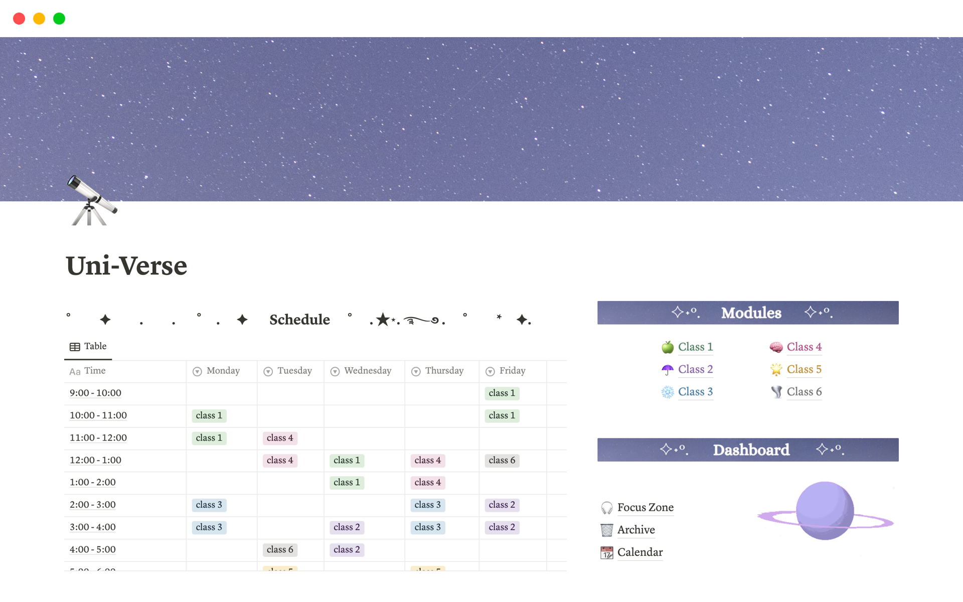 Explore Uni-Verse, the space-themed Notion template designed for students