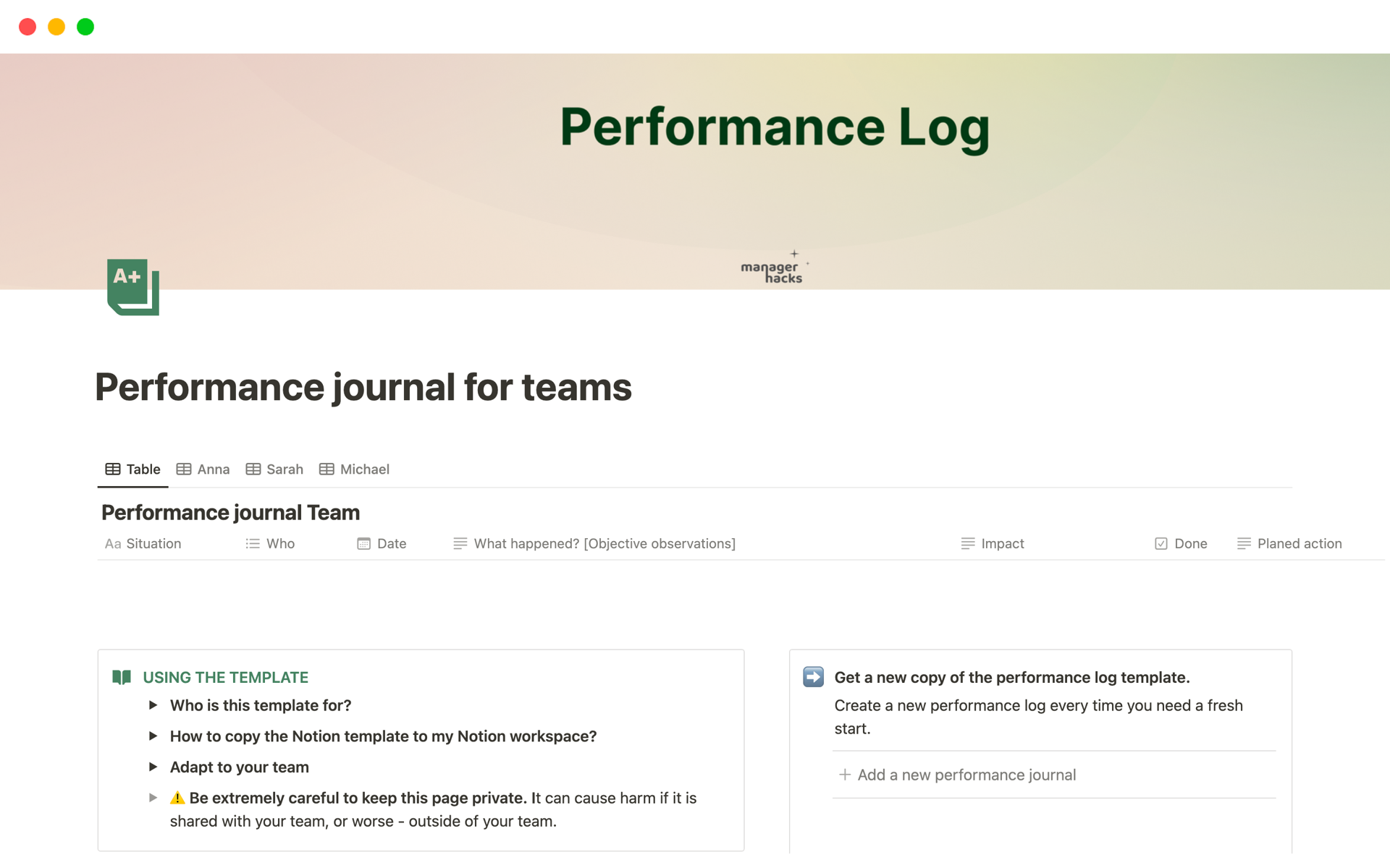 A template preview for Performance journal for teams
