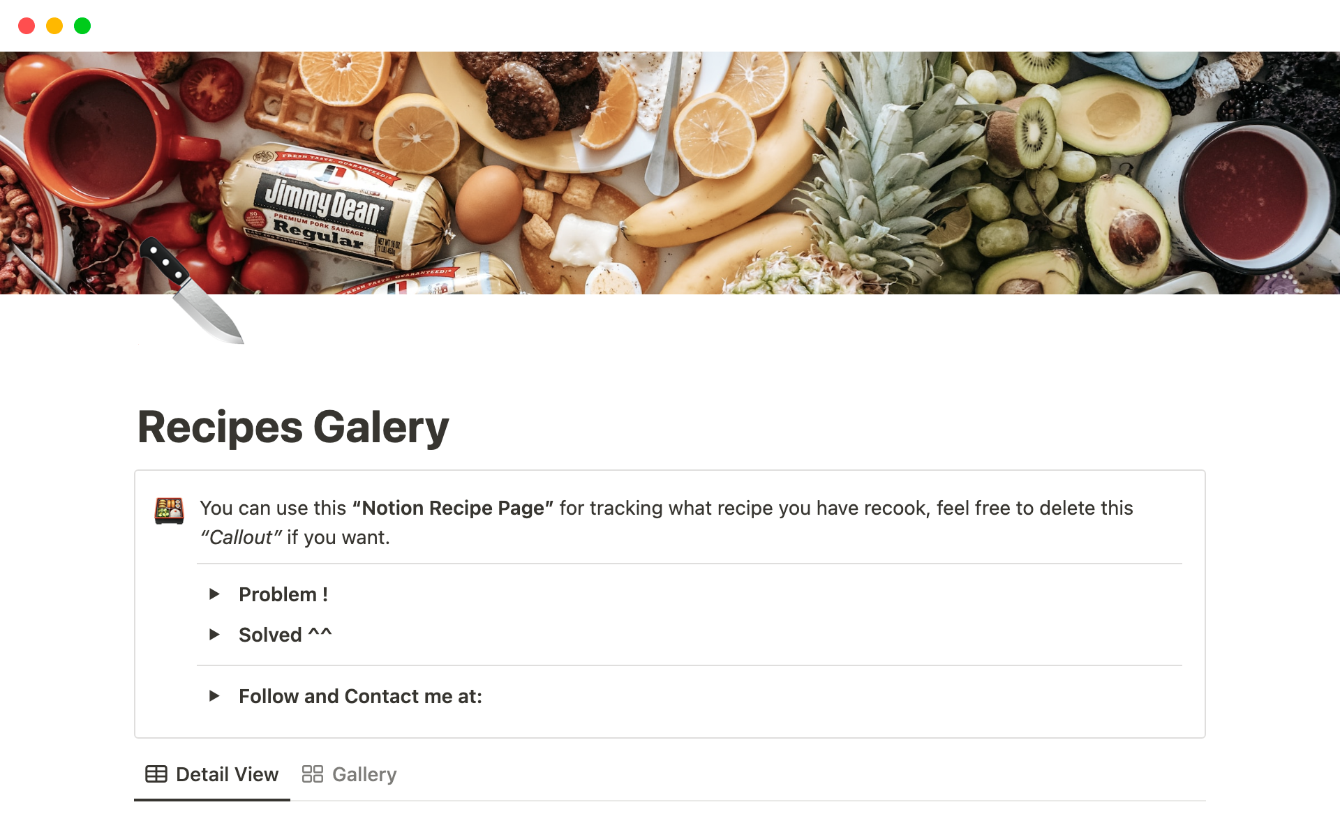 A template preview for Recipe Gallery