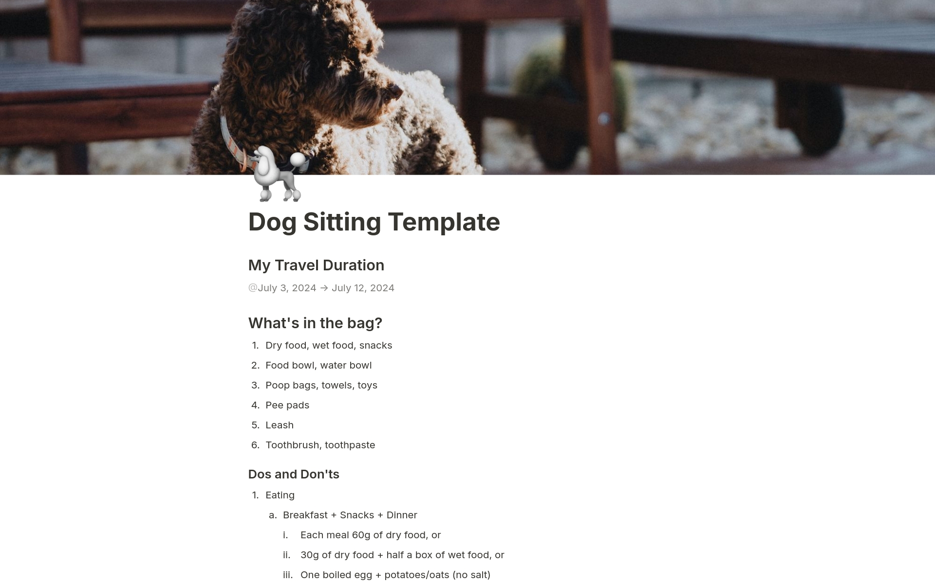 A template preview for Dog Sitting for Travel