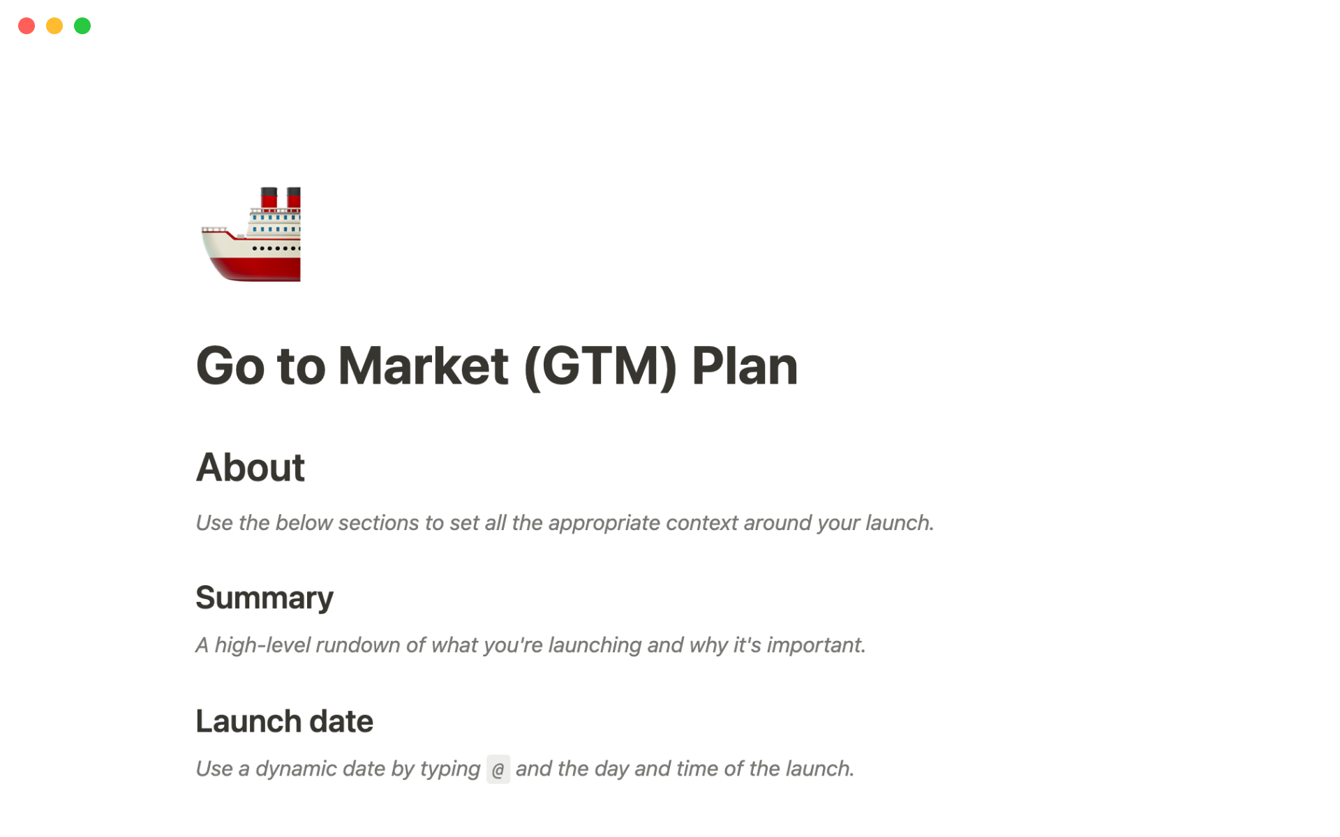 A template preview for Go to market (GTM) plan