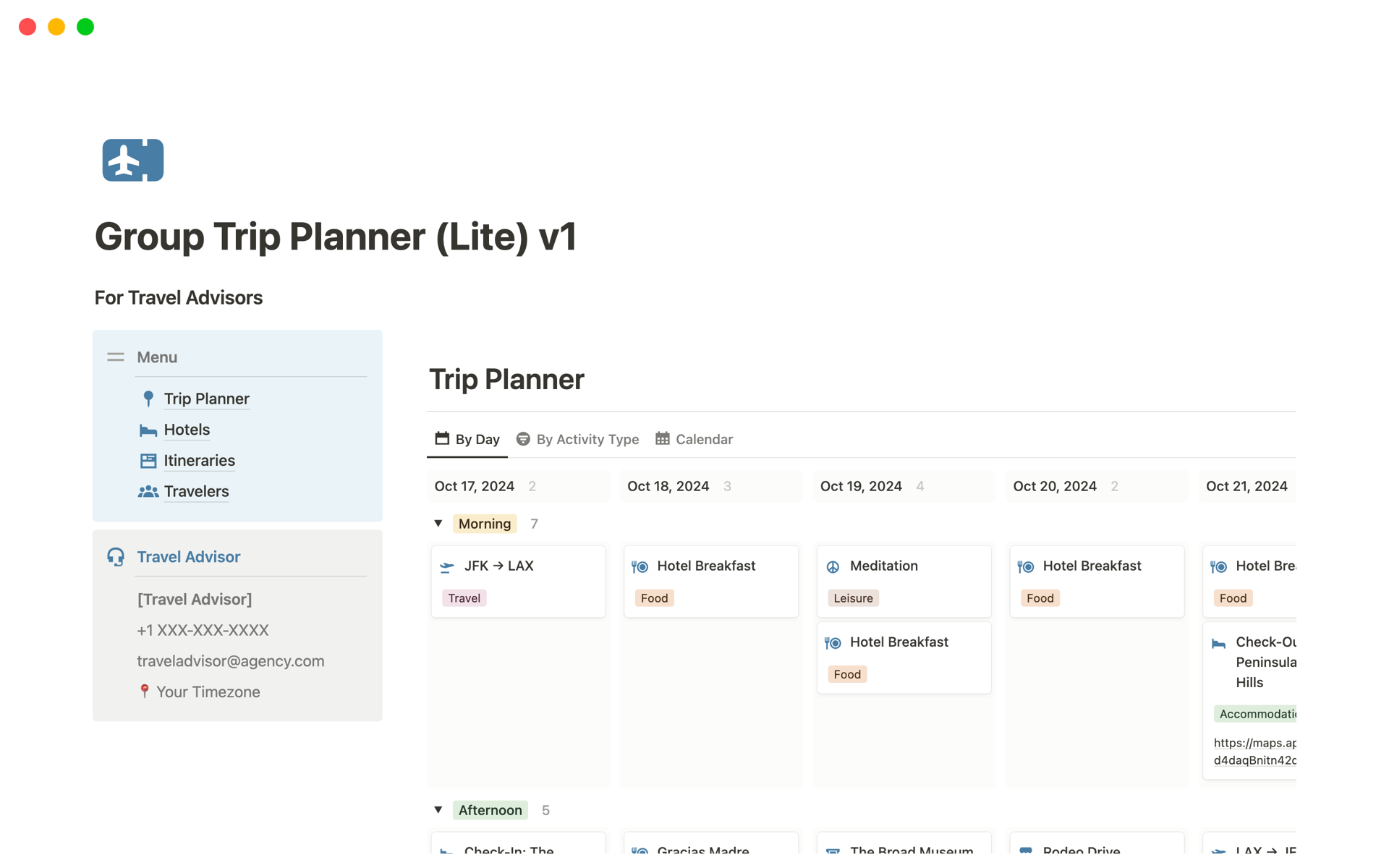 A template preview for Group Trip Planner (Lite) v1