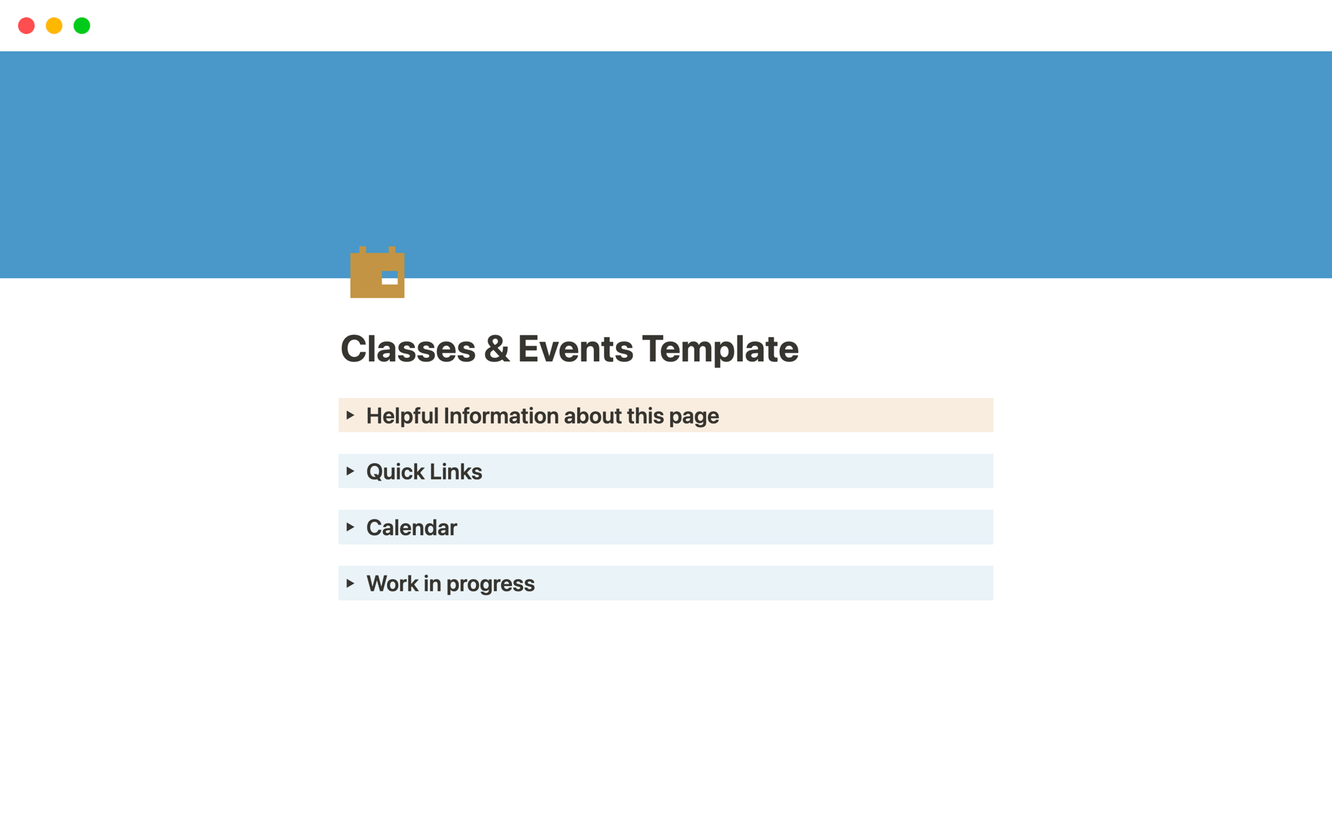 A template preview for Classes & Events