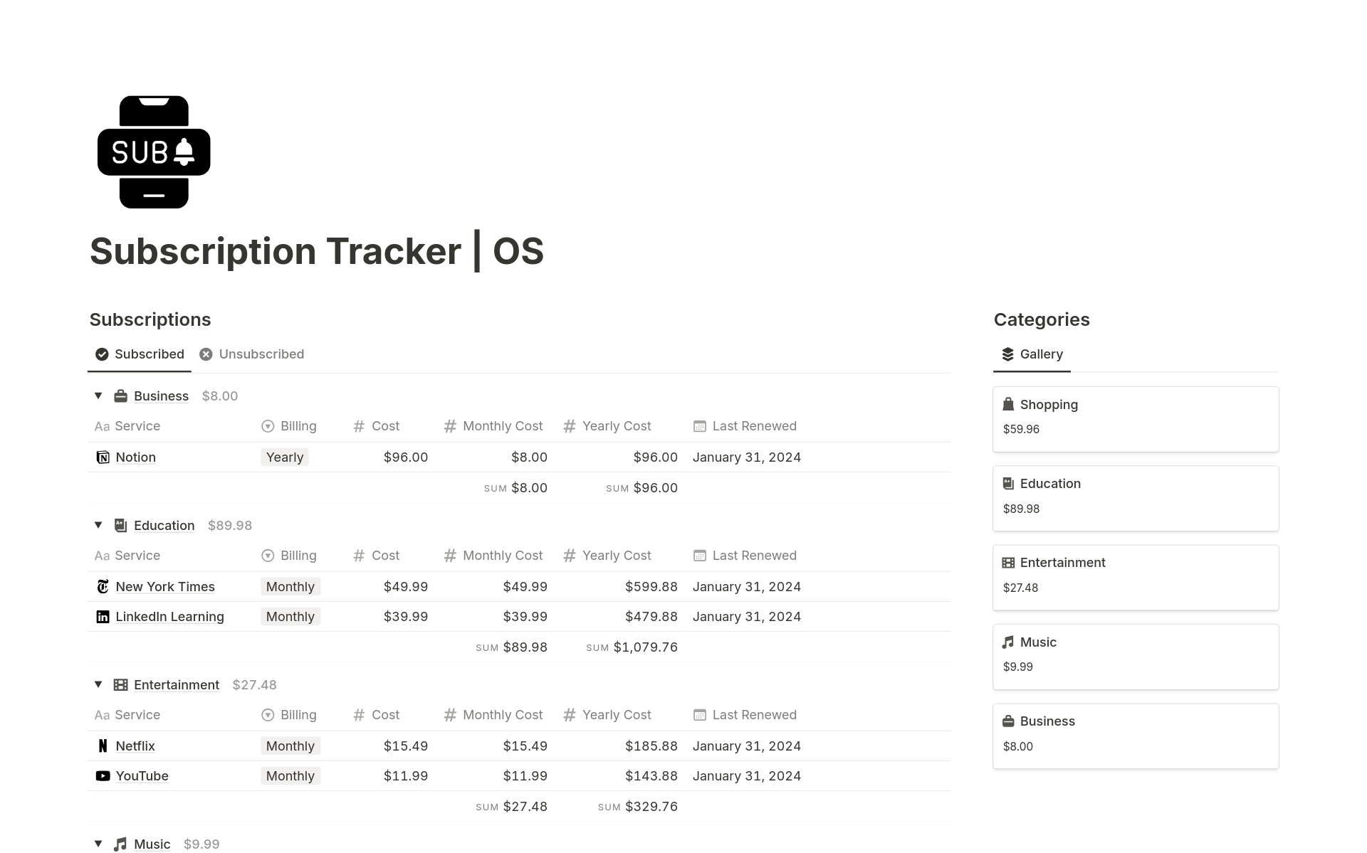 A template preview for Subscription Tracker | OS