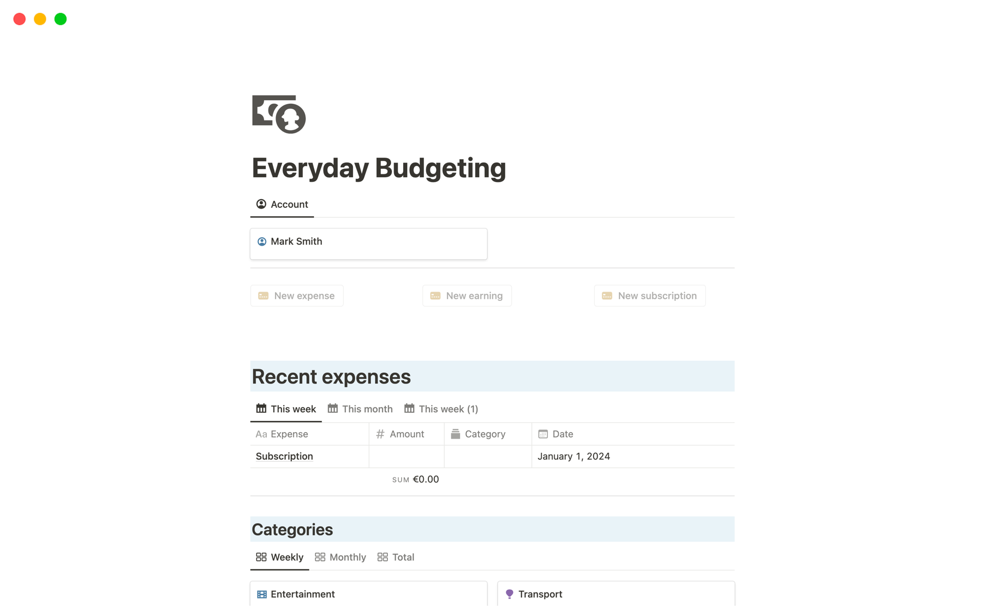 A template preview for Everyday Budgeting