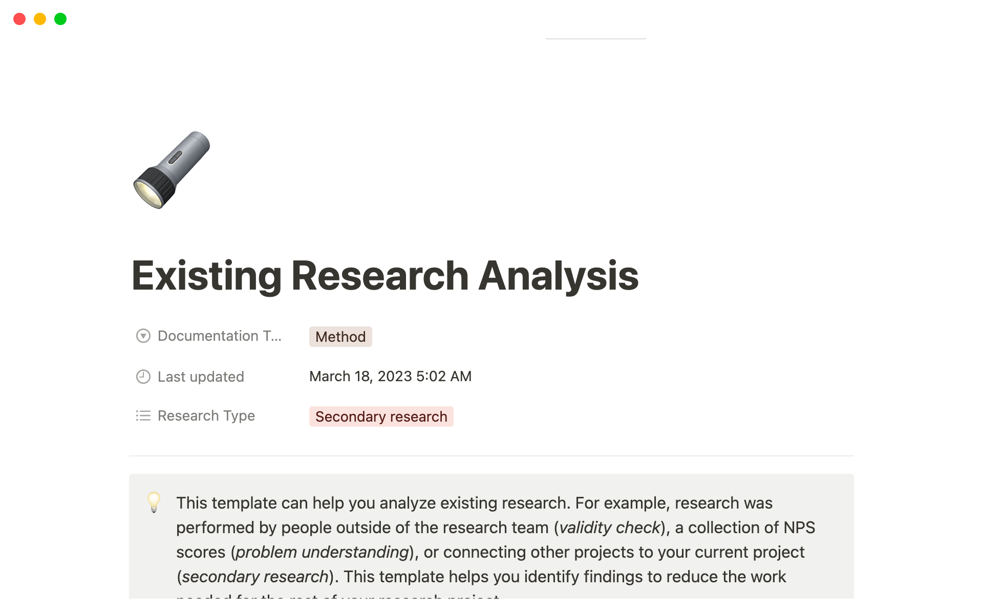 A template preview for Existing Research Analysis