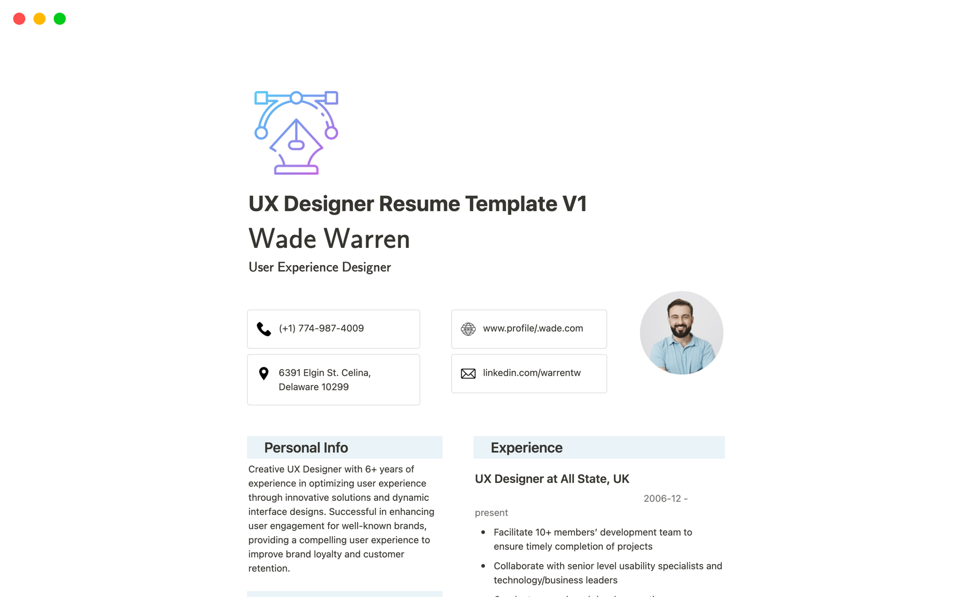 A template preview for UX Designer Resume