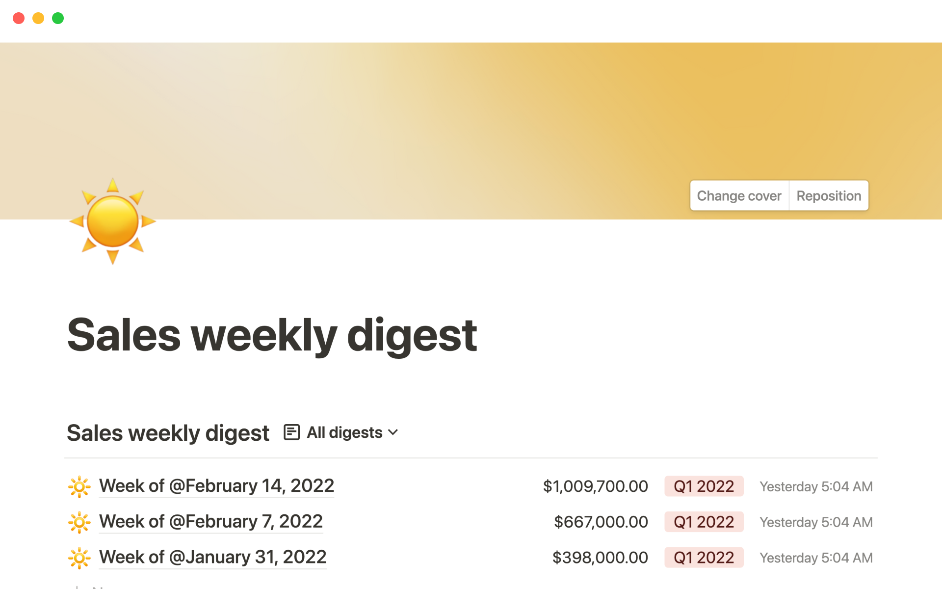 A template preview for Notion’s sales weekly digest