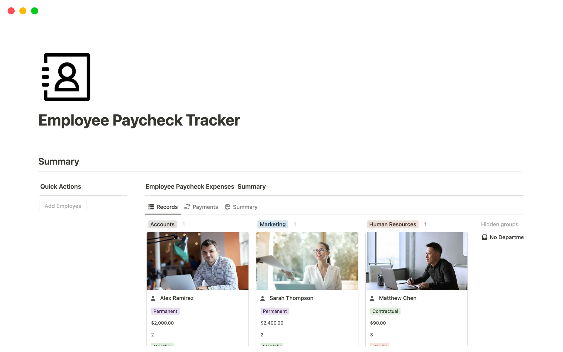 A template preview for Employee Paycheck Tracker