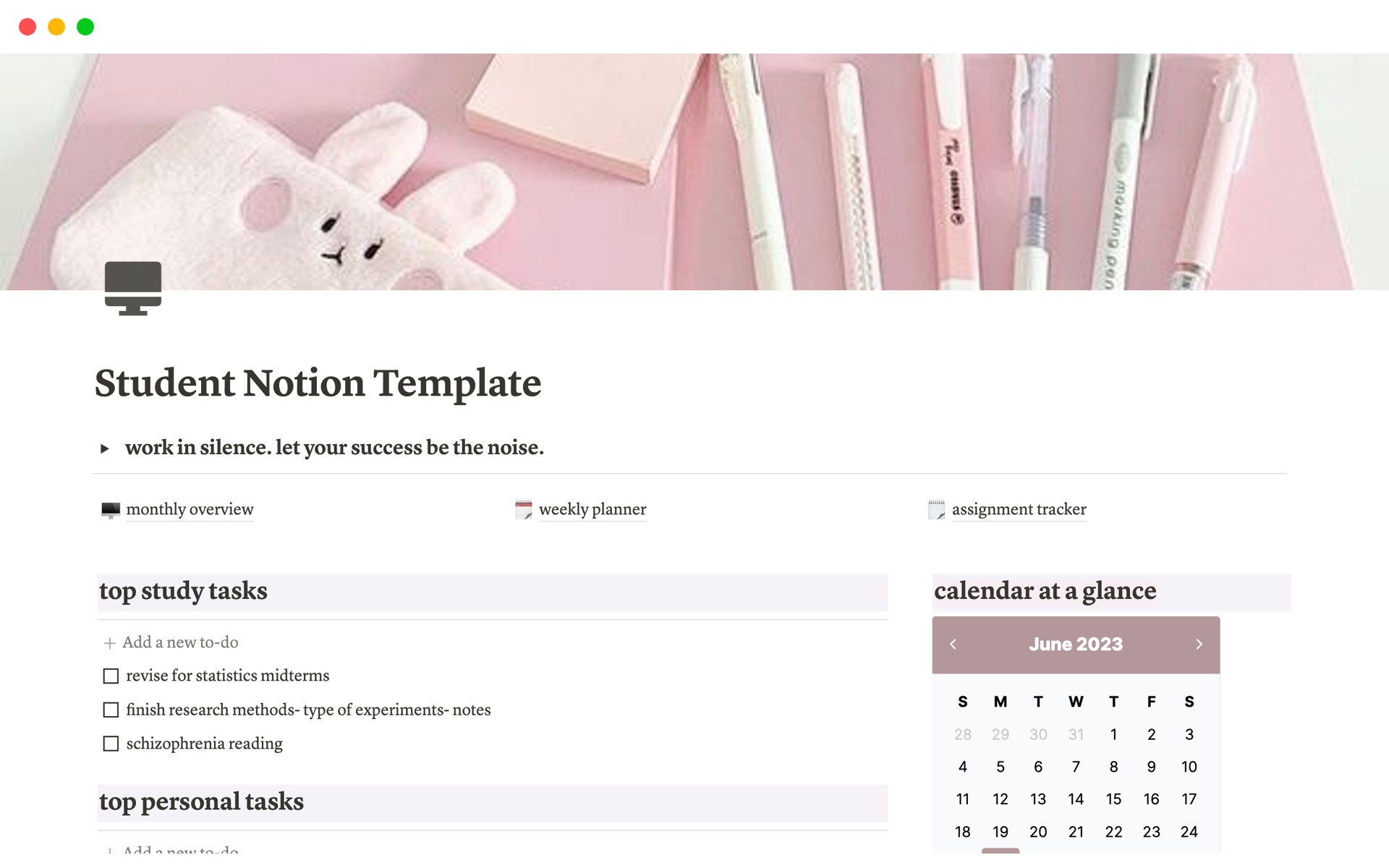 A template preview for Kawaii Student Notion Planner Template