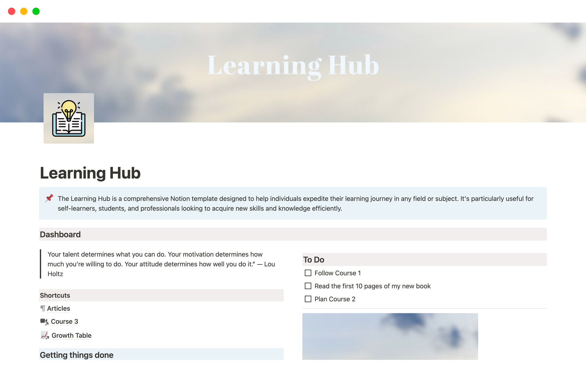 A template preview for Learning Hub