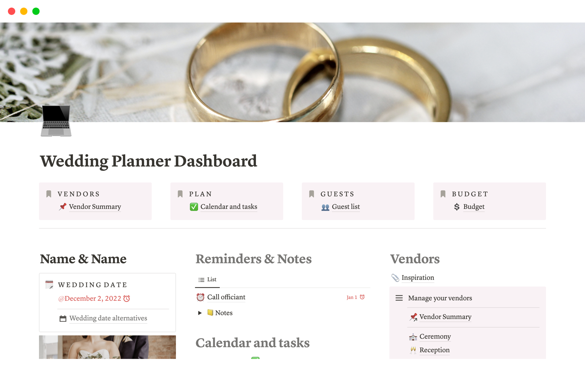 All-in-one wedding organizer and planner in a visual and intuitive Notion template. 