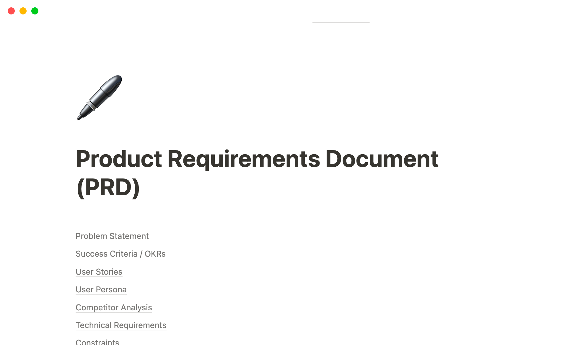 A template preview for Product Requirements Document (PRD)