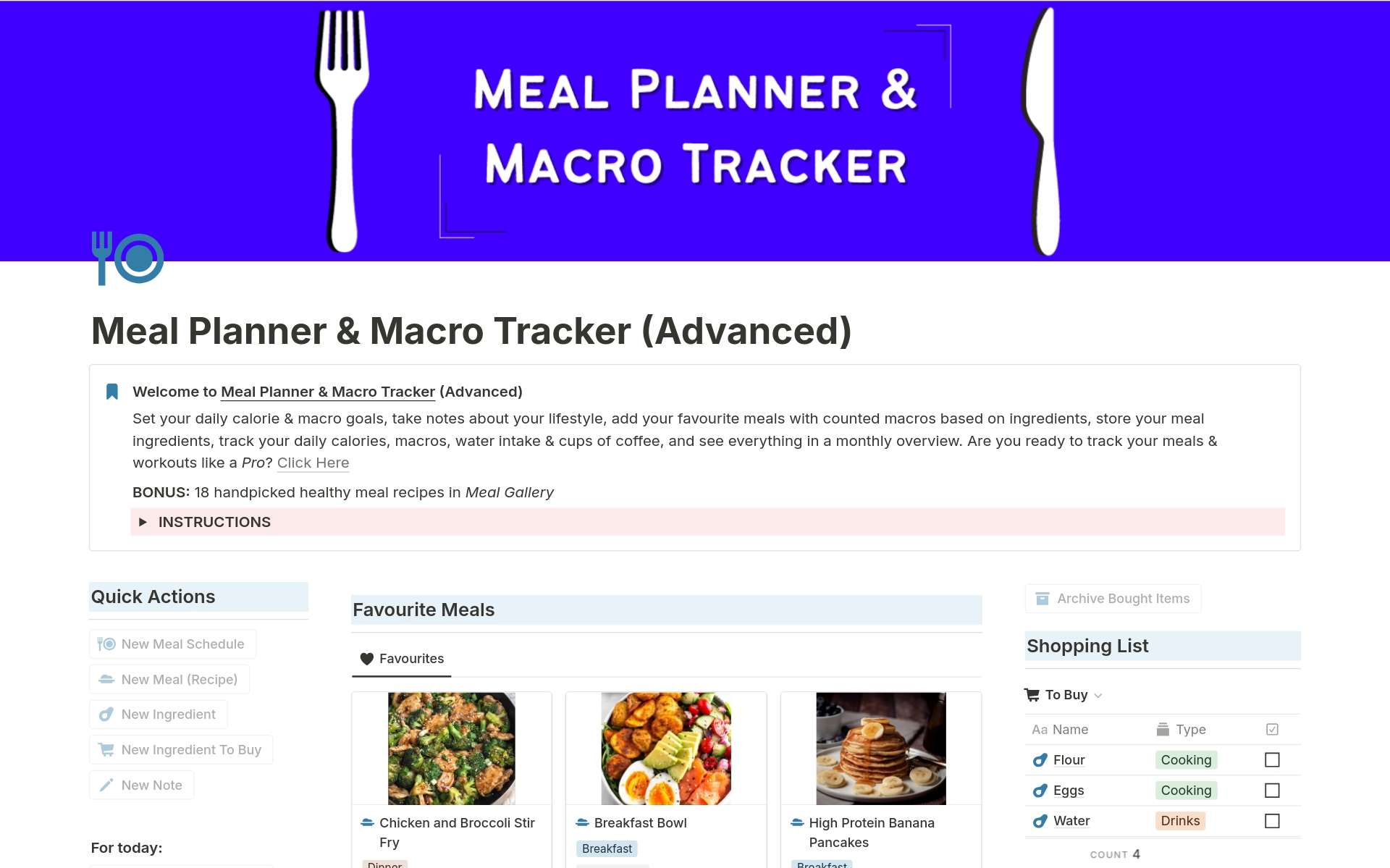 A template preview for Meal Planner & Macro Tracker