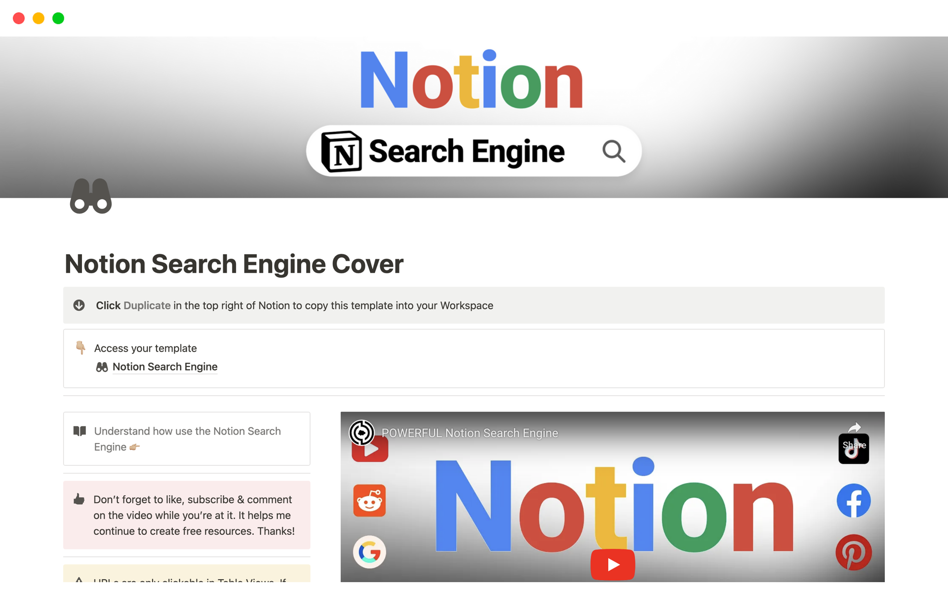 A template preview for Notion Search Engine