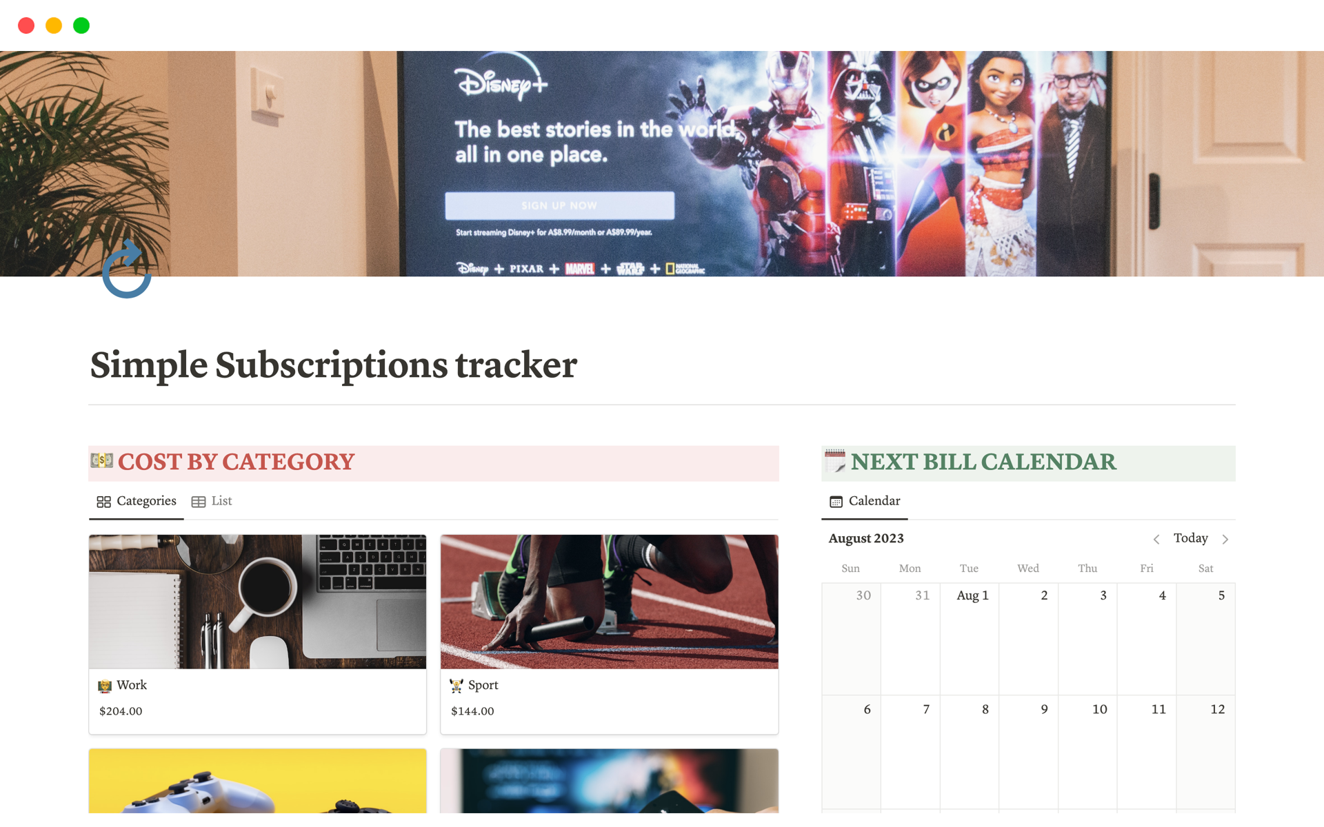 A template preview for Simple Subscriptions Tracker