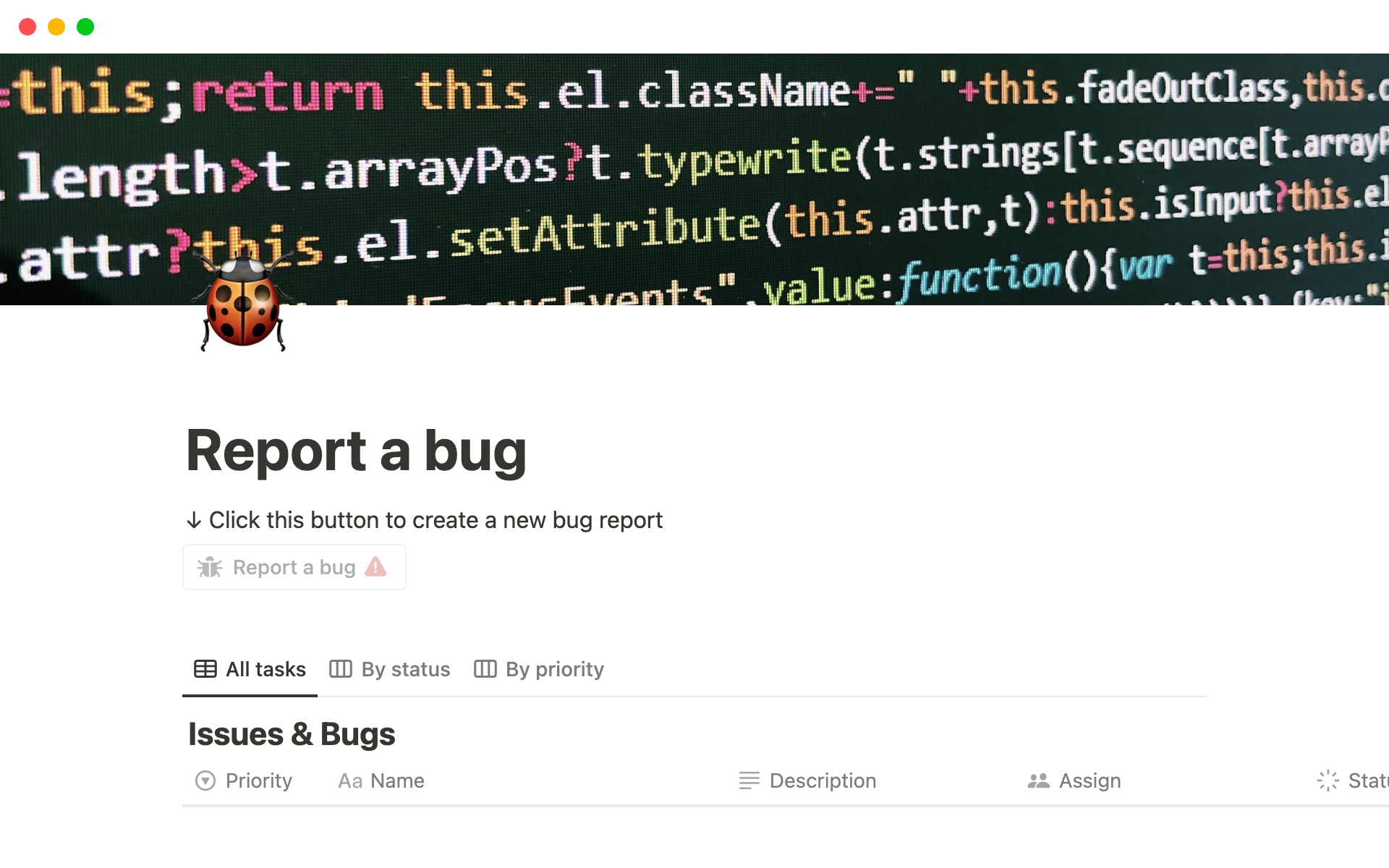 A template preview for Report a Bug