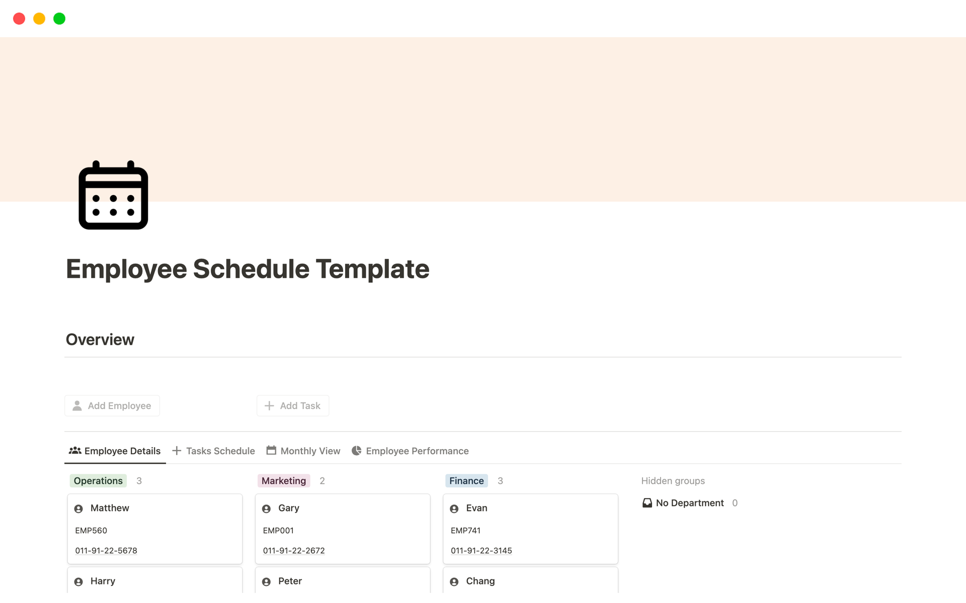 A template preview for Employee Schedule