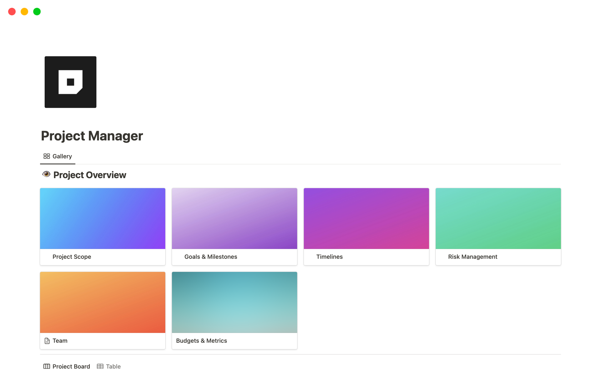 A template preview for Notion Project Manager Template