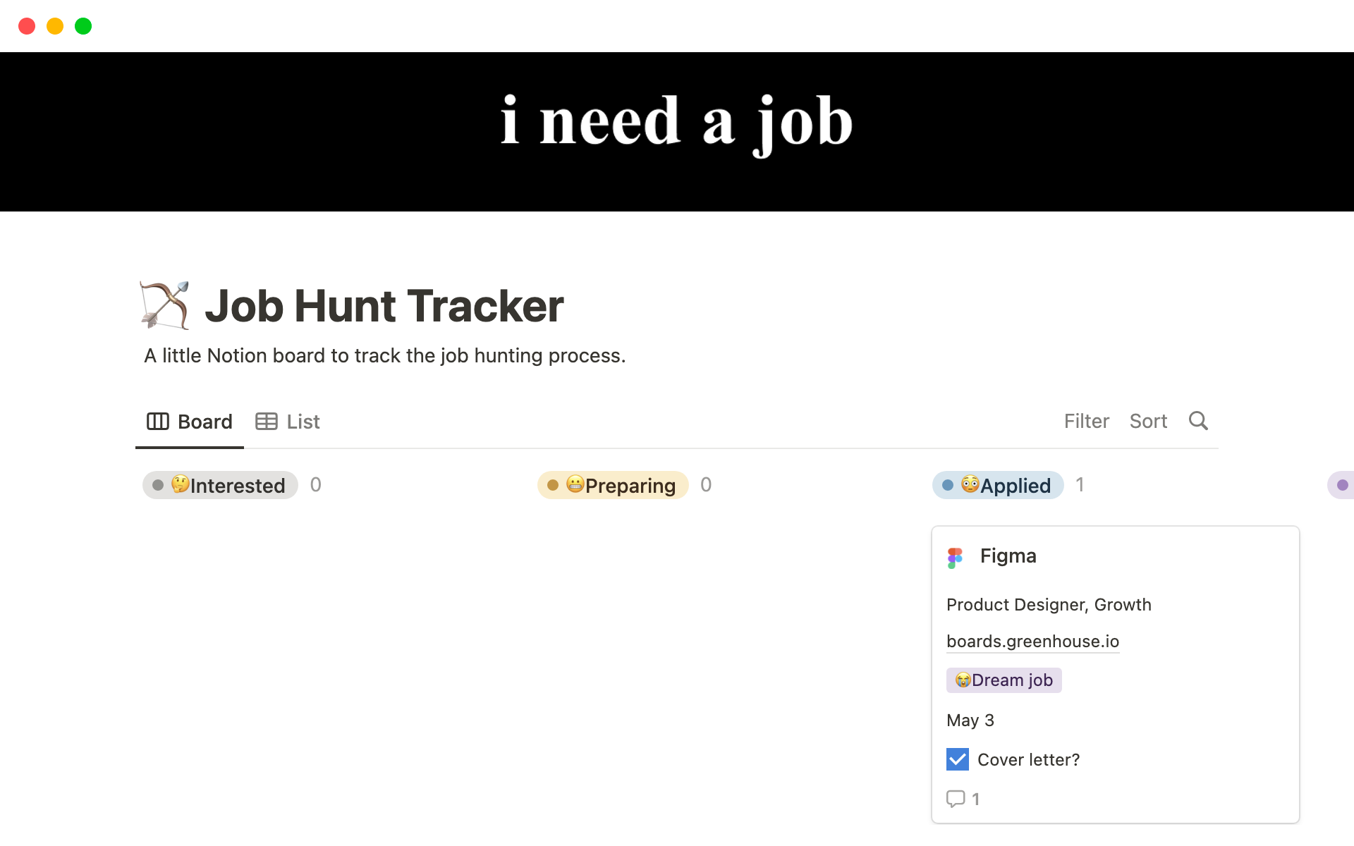 A template preview for Job Hunt Tracker