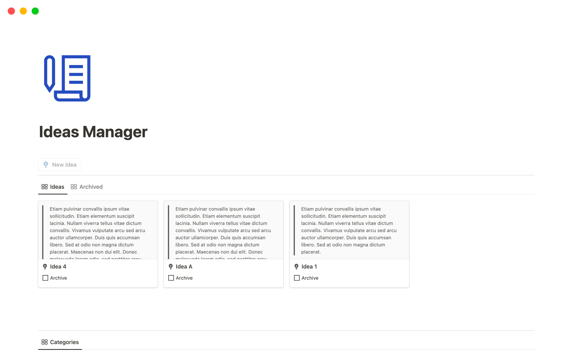 A template preview for Ideas Manager - Ideas Capture