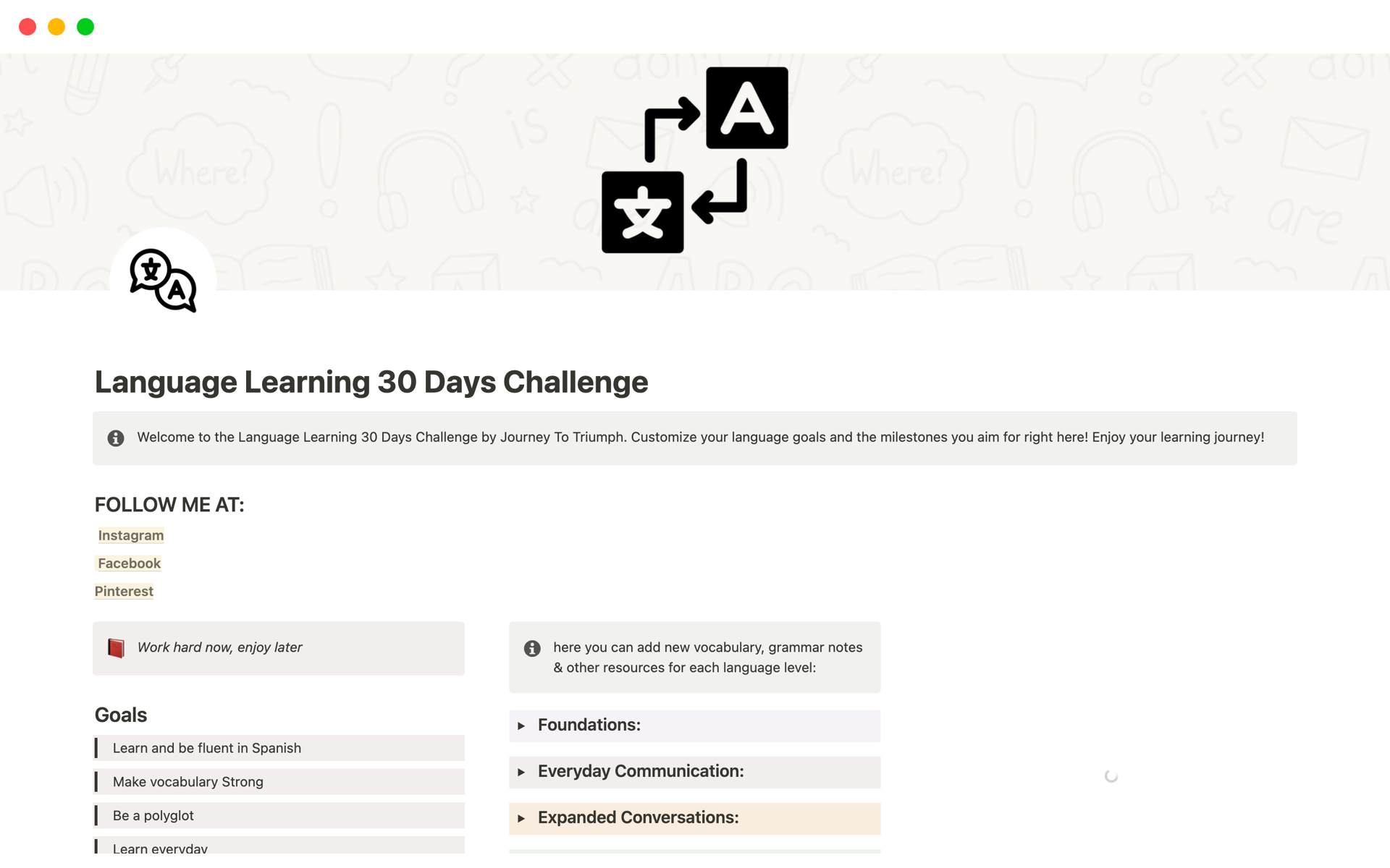 A template preview for Language Learning 30 Days Challenge