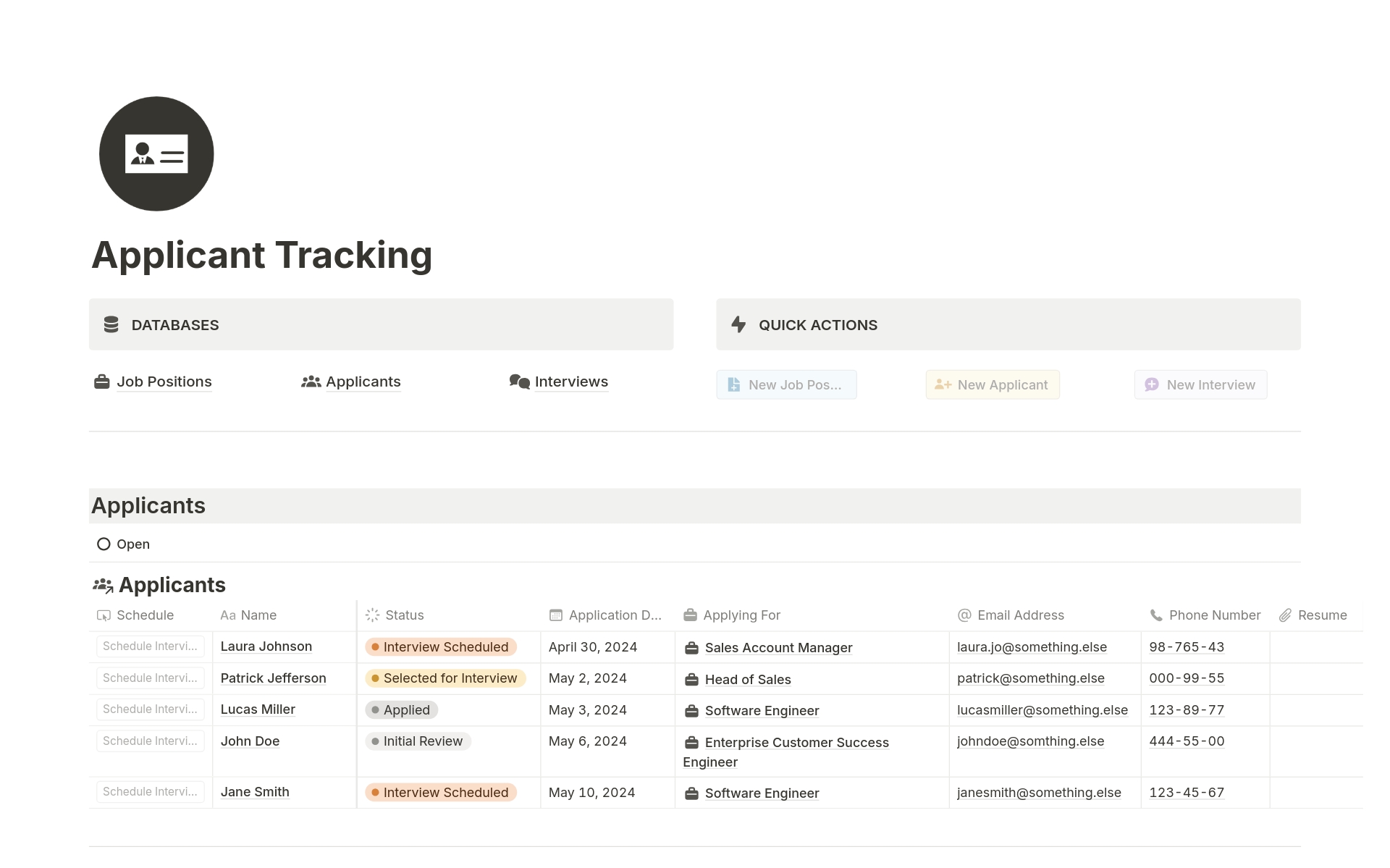 A template preview for Applicant Tracking