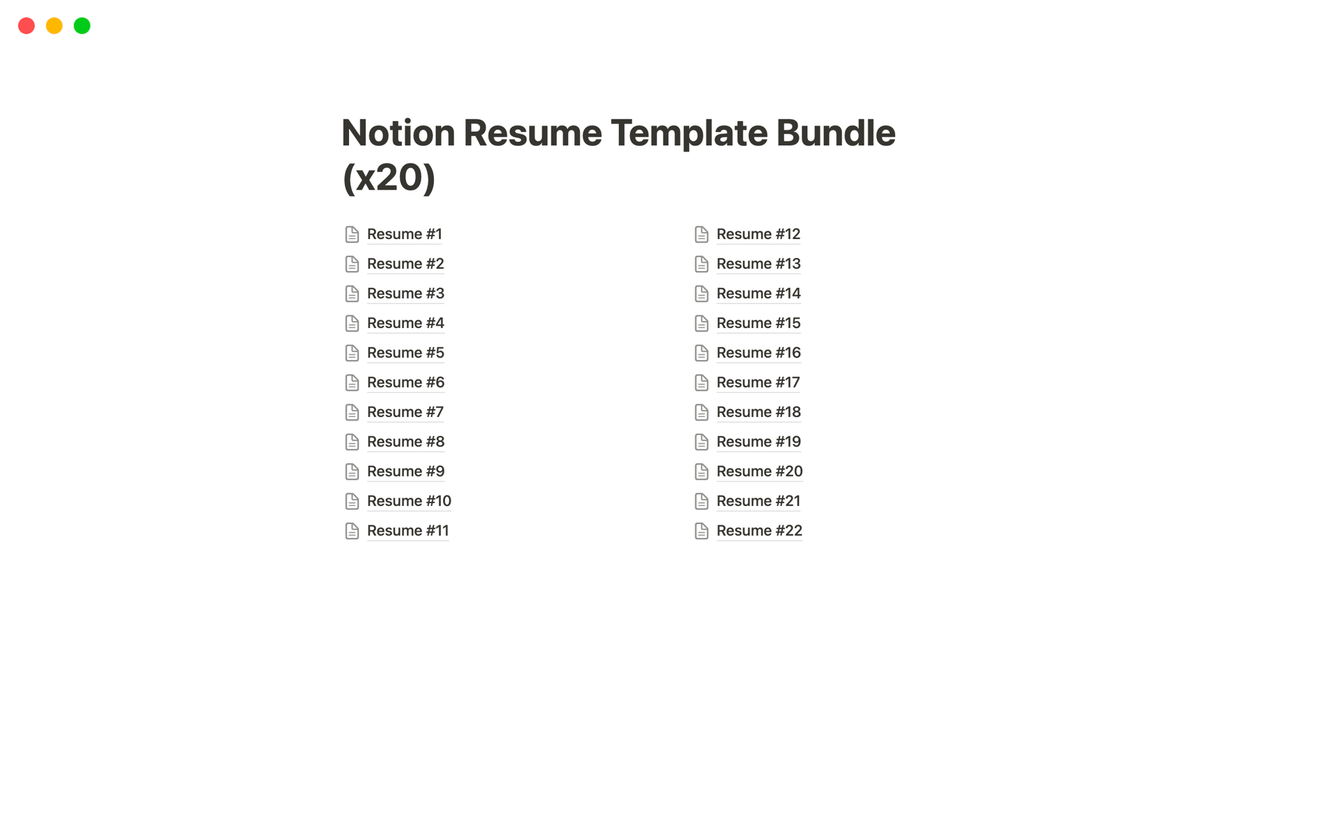 A template preview for Notion Resume Bundle (x20)