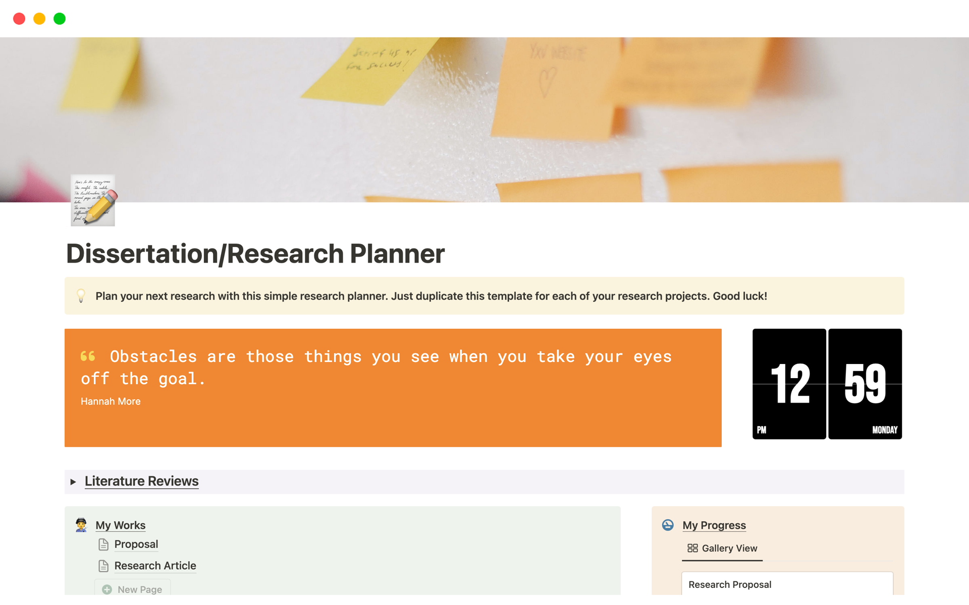 A template preview for Dissertation/Research Planner