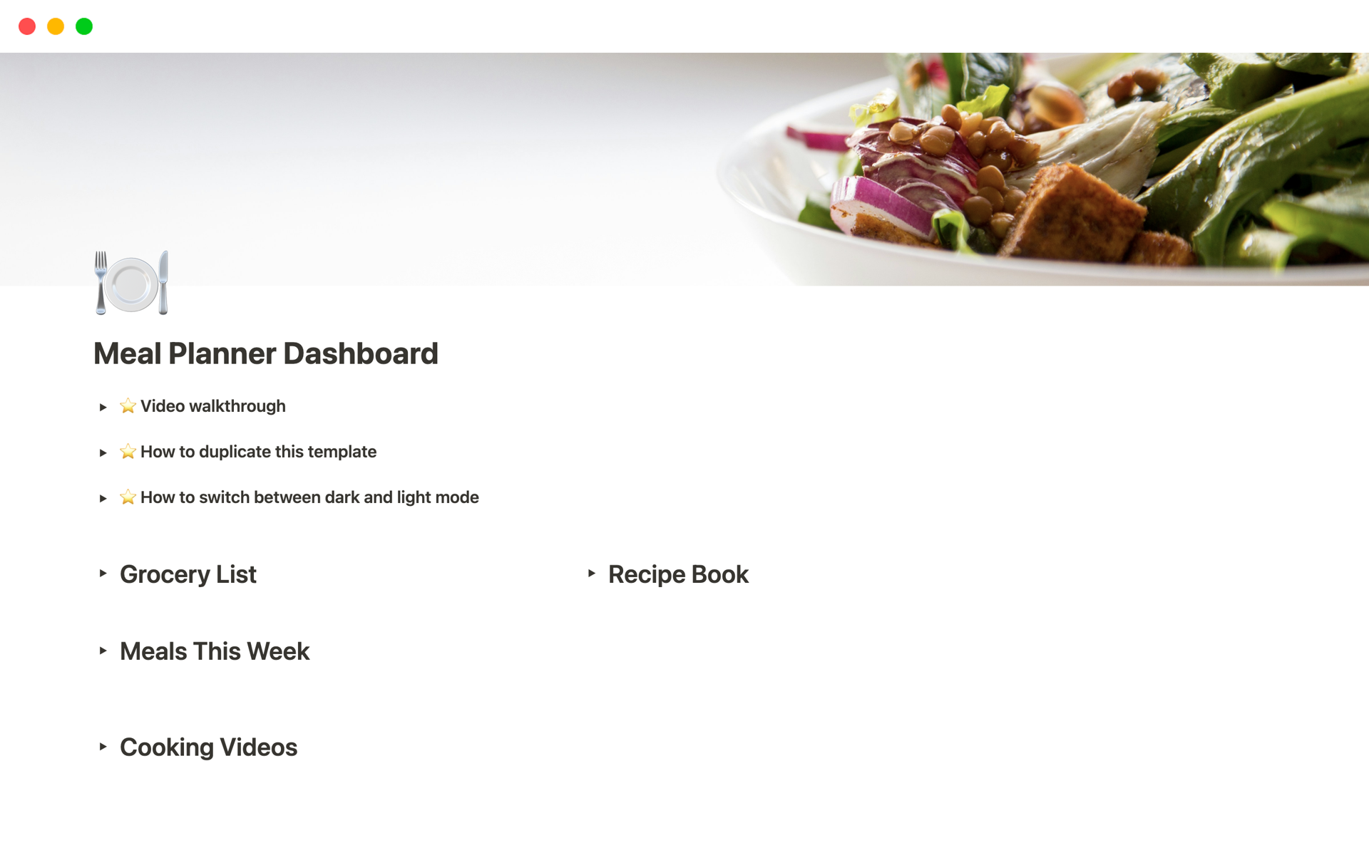 A template preview for Meal Planner Dashboard