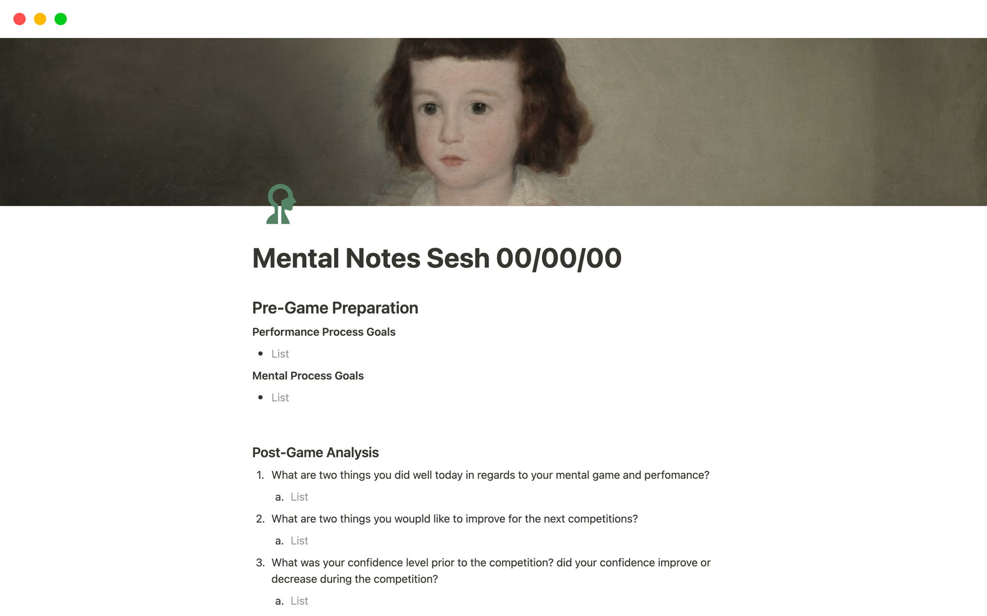 A template preview for Frisbee Mental Notes