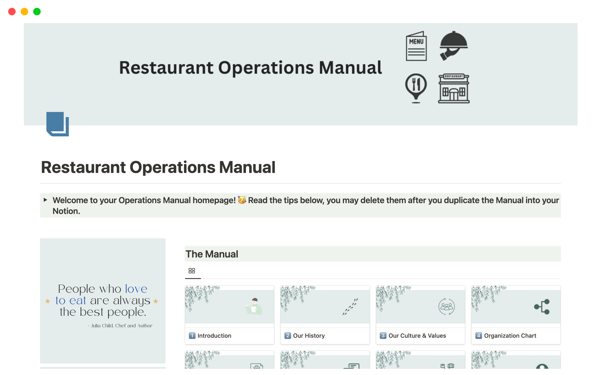 A template preview for Restaurant Operations Manual