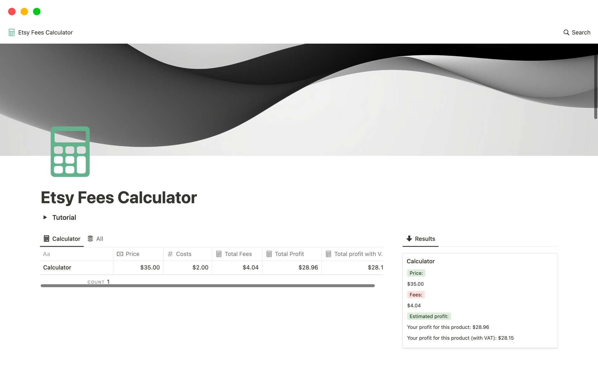 A template preview for Etsy Fees Calculator