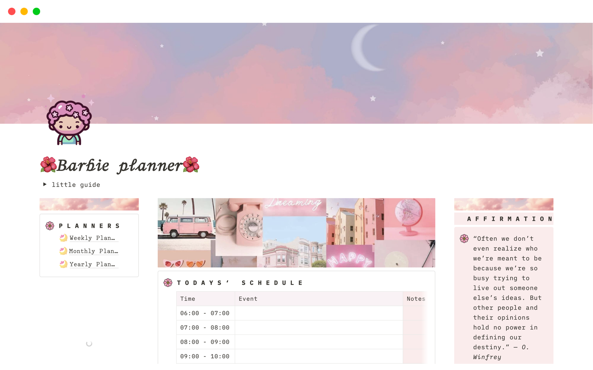 A template preview for Barbie student planner